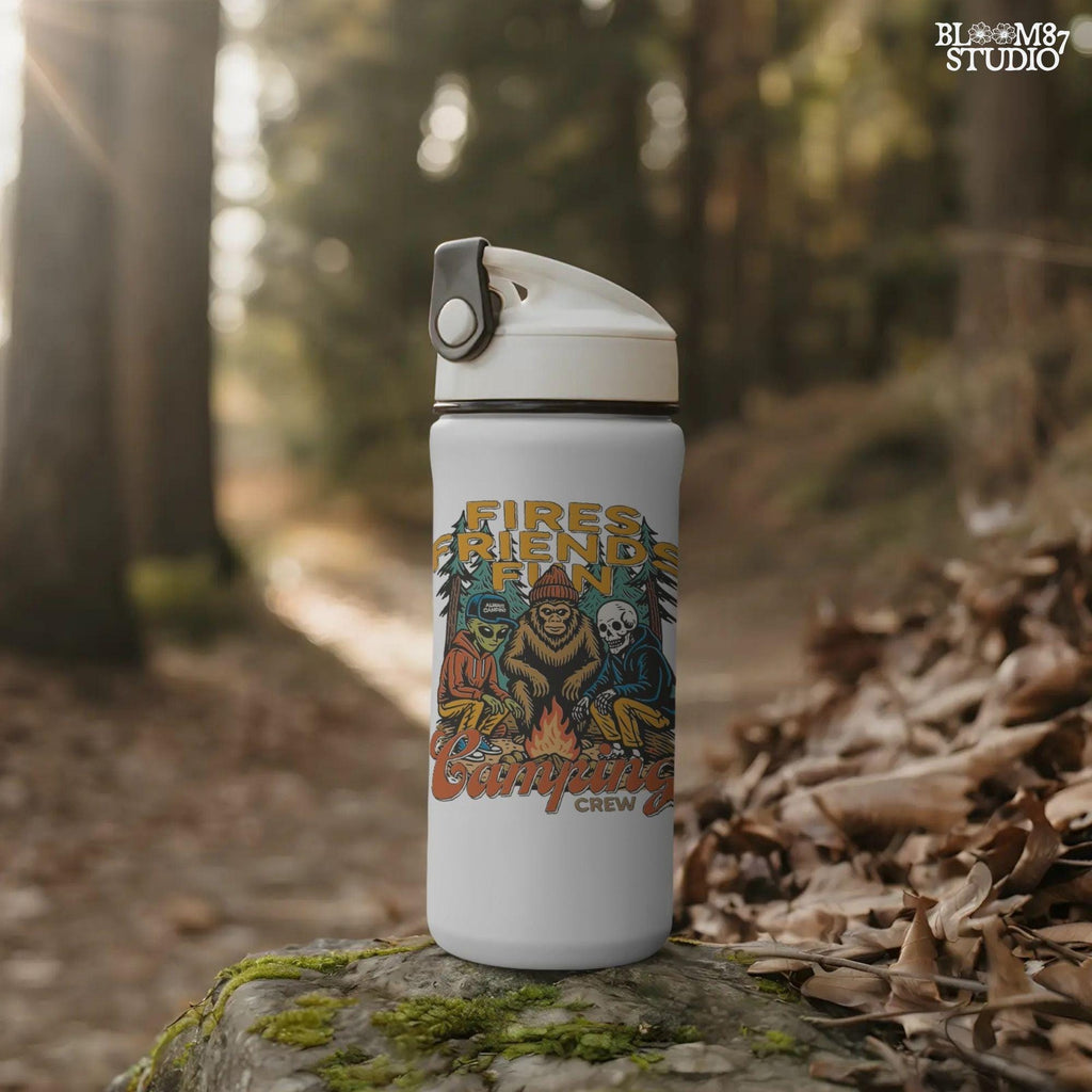 Funny cartoon-style illustration of an alien, bigfoot, and skeleton sitting around a campfire with the text “Fires. Friends. Fun. Camping Crew,” ideal for camping humor designs.