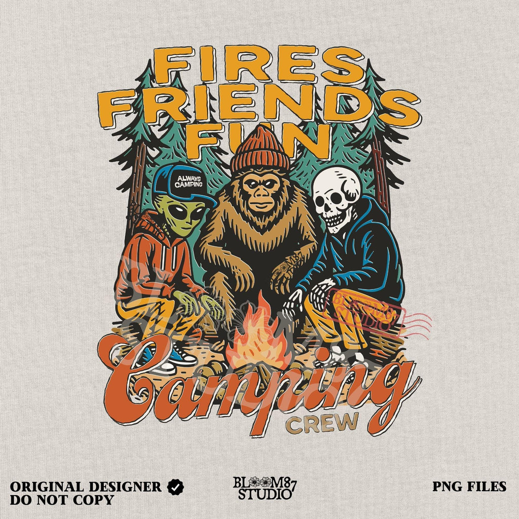 Funny Camping Crew PNG Sublimation, Alien Bigfoot Skeleton Campfire Clipart, Fires Friends Fun Shirt Design, Quirky Outdoors Graphic Design
