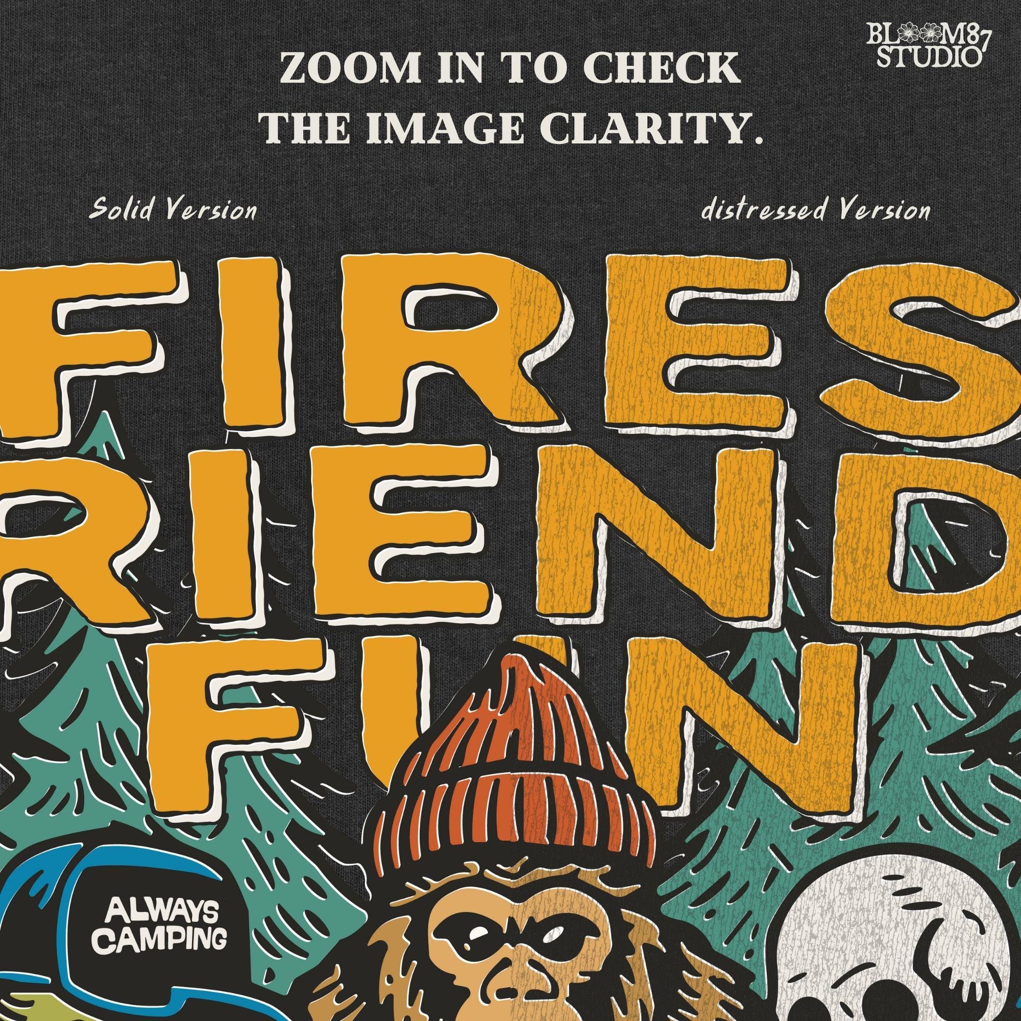Funny cartoon-style illustration of an alien, bigfoot, and skeleton sitting around a campfire with the text “Fires. Friends. Fun. Camping Crew,” ideal for camping humor designs.