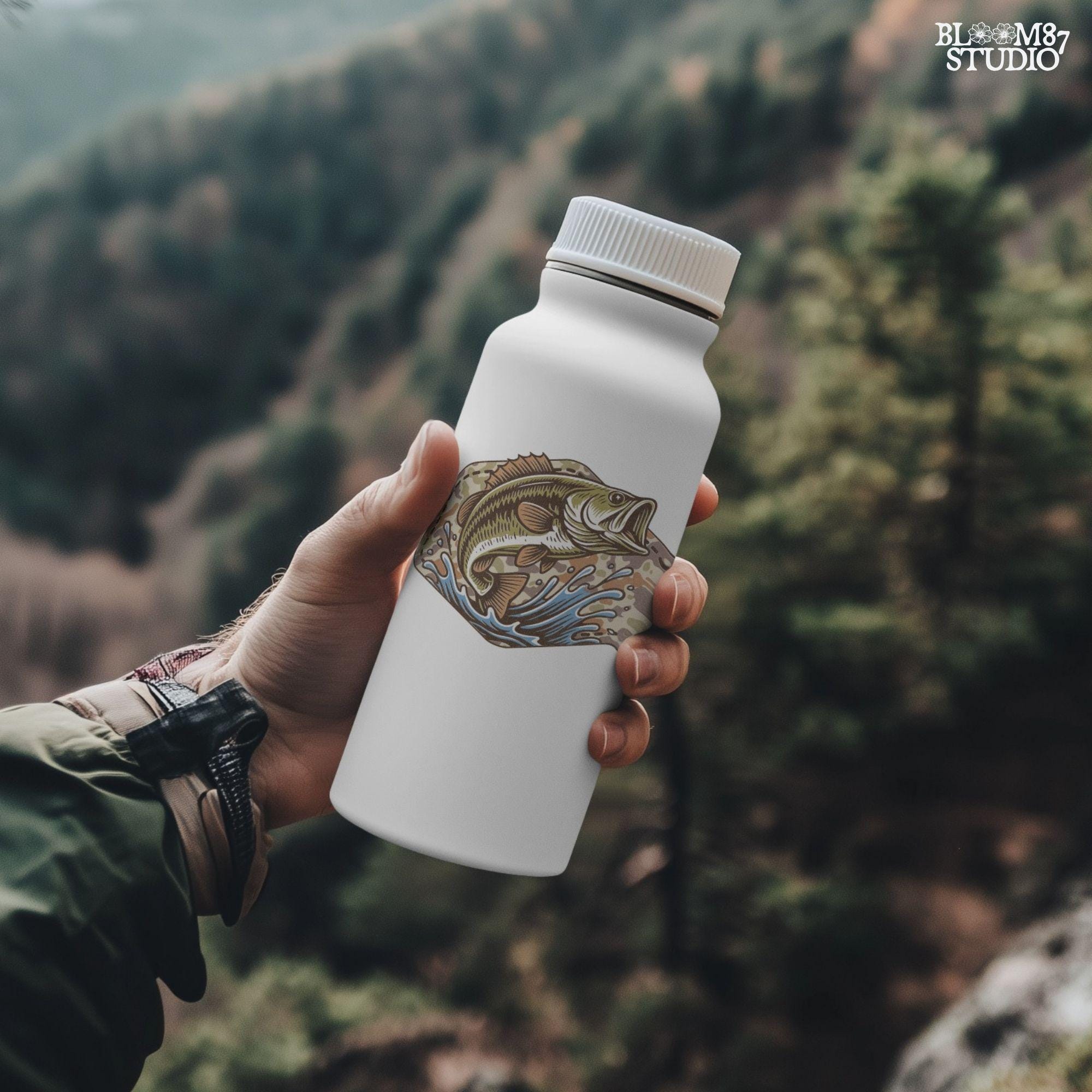 Illustration of a largemouth bass jumping from water with a camo background, designed for fishing-themed sublimation and outdoorsman shirt printing.