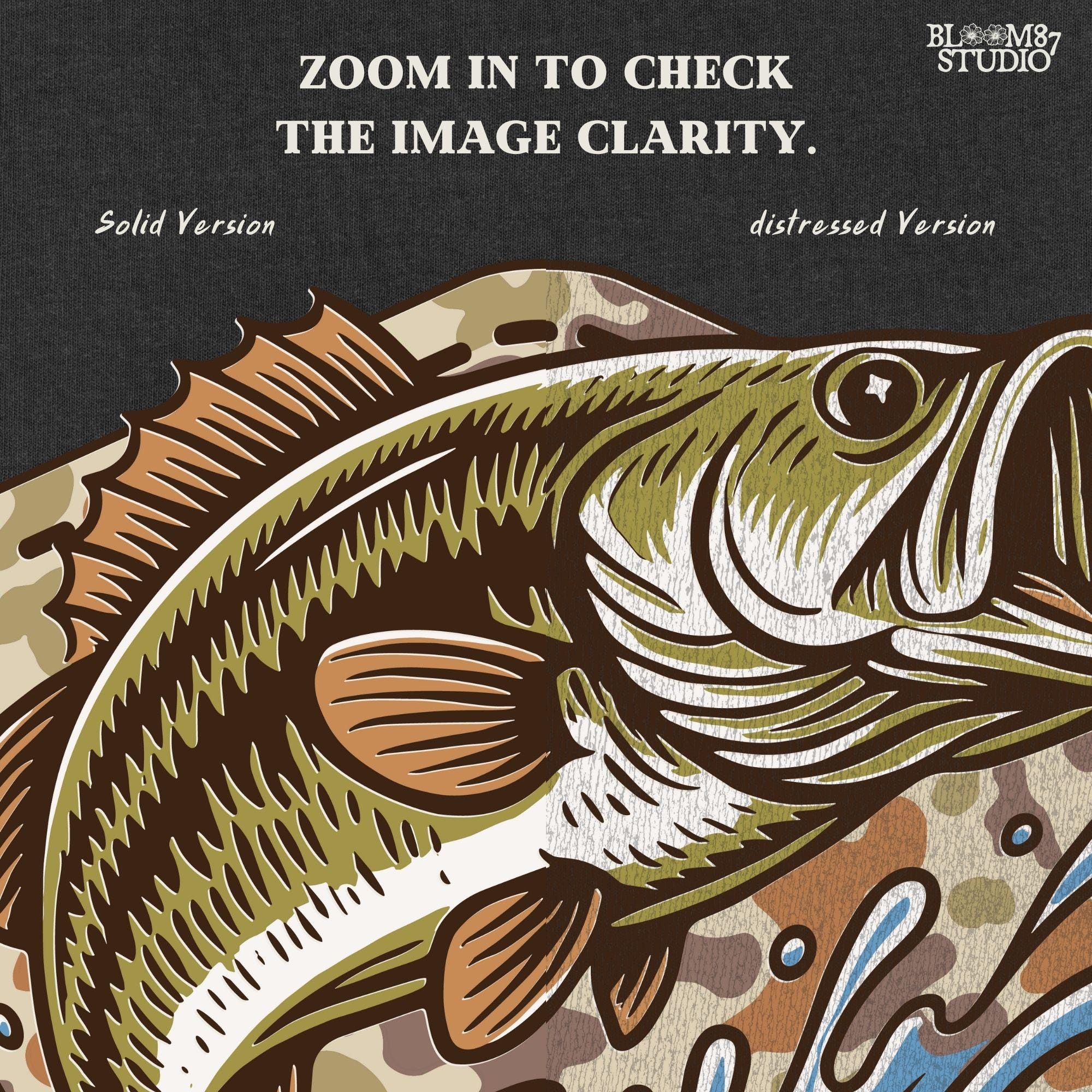 Illustration of a largemouth bass jumping from water with a camo background, designed for fishing-themed sublimation and outdoorsman shirt printing.