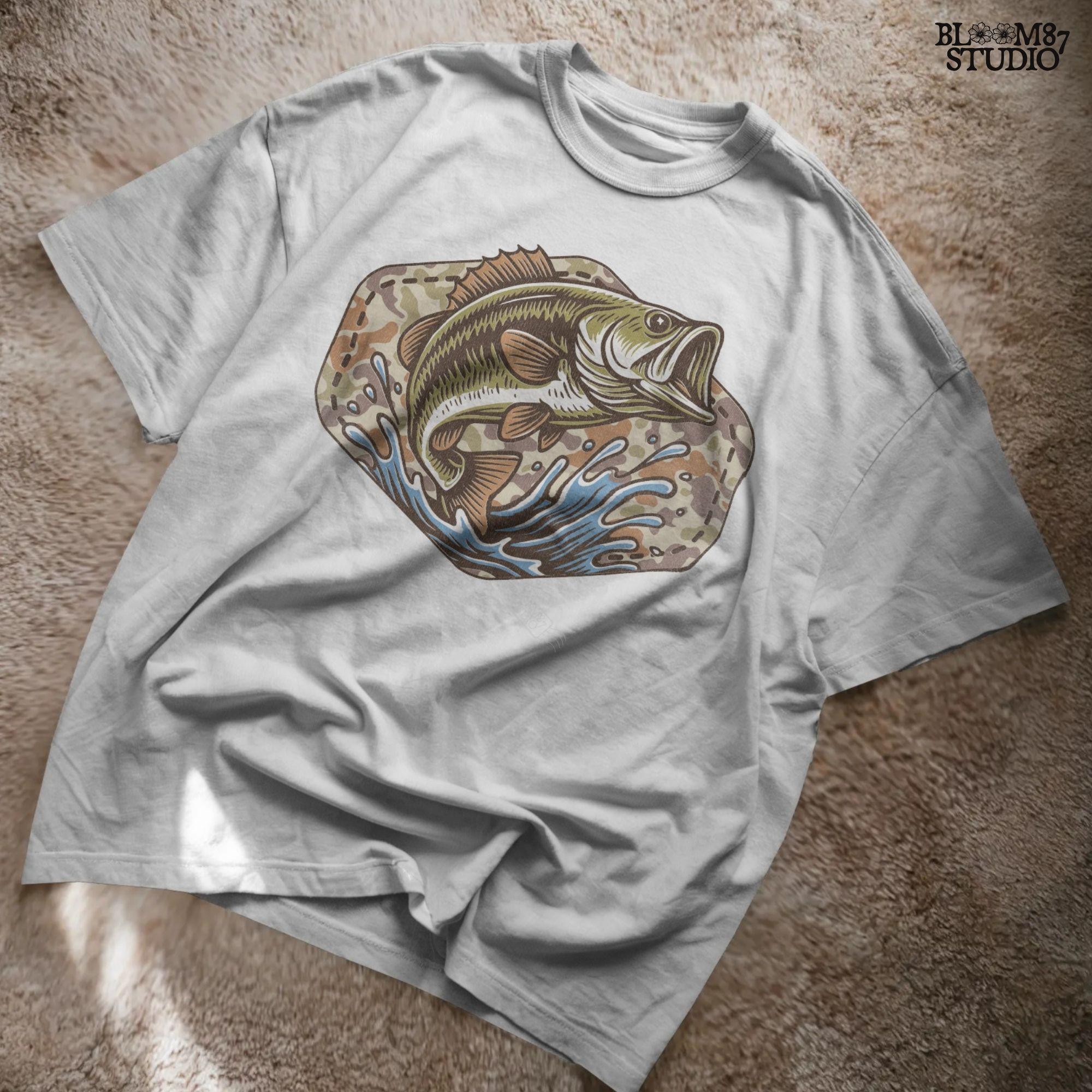 Illustration of a largemouth bass jumping from water with a camo background, designed for fishing-themed sublimation and outdoorsman shirt printing.