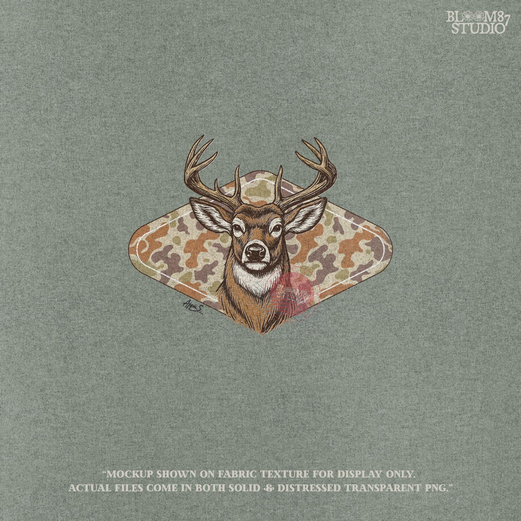 Illustration of a whitetail buck head over a soft-tone woodland camouflage background, designed for fall-themed sublimation and hunting crafts.