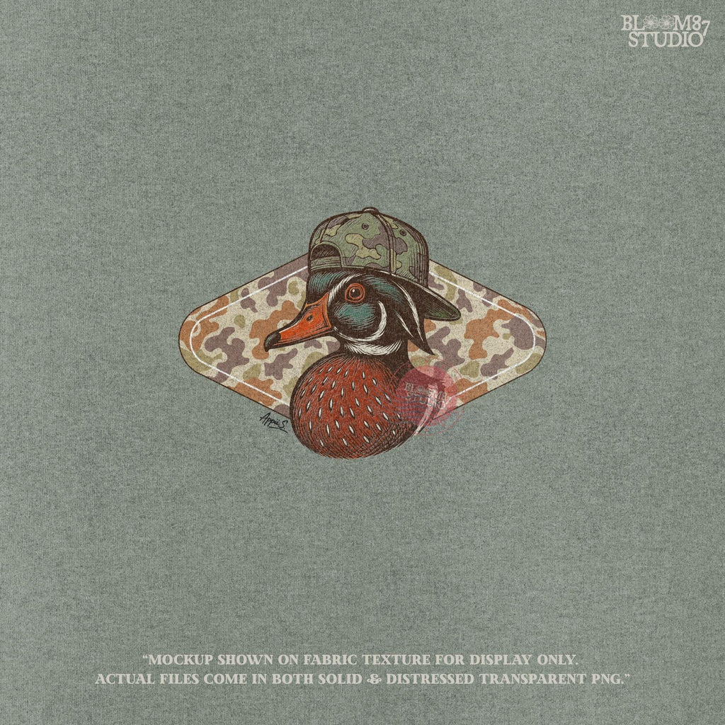 Illustration of a wood duck with a camouflage hat, placed over a brown woodland camo background, styled for fall hunting and Thanksgiving crafts.