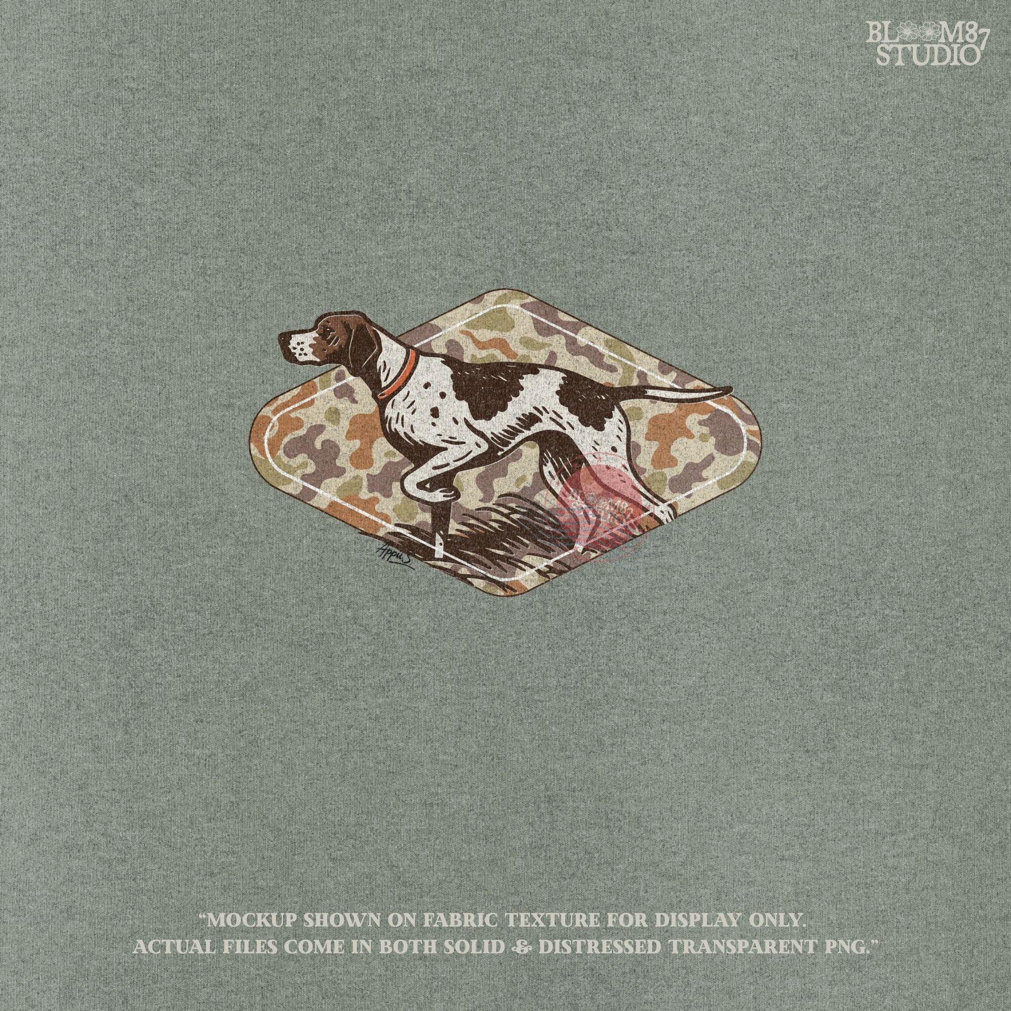 Brown and white hunting pointer dog in a standing pose over a woodland camo background, perfect for fall or Thanksgiving-themed sublimation designs.