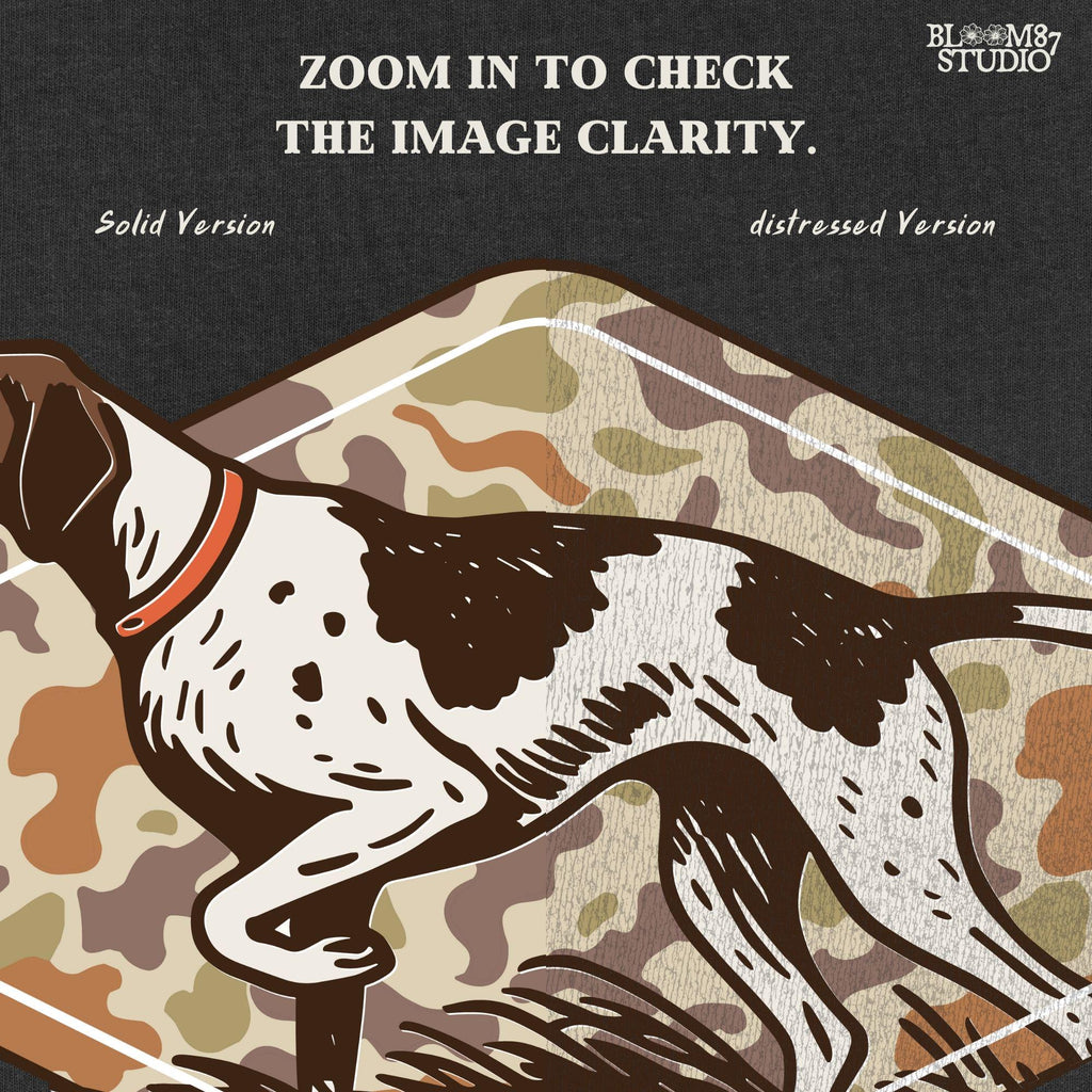 Brown and white hunting pointer dog in a standing pose over a woodland camo background, perfect for fall or Thanksgiving-themed sublimation designs.