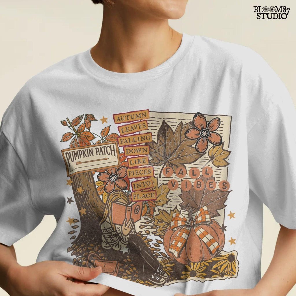 Retro fall collage PNG featuring girl reading under tree, plaid pumpkin, fall leaves, and pumpkin patch sign — great for shirts or wall prints