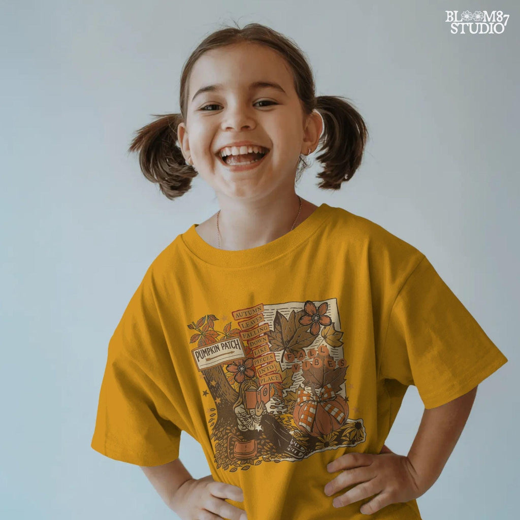 Retro fall collage PNG featuring girl reading under tree, plaid pumpkin, fall leaves, and pumpkin patch sign — great for shirts or wall prints