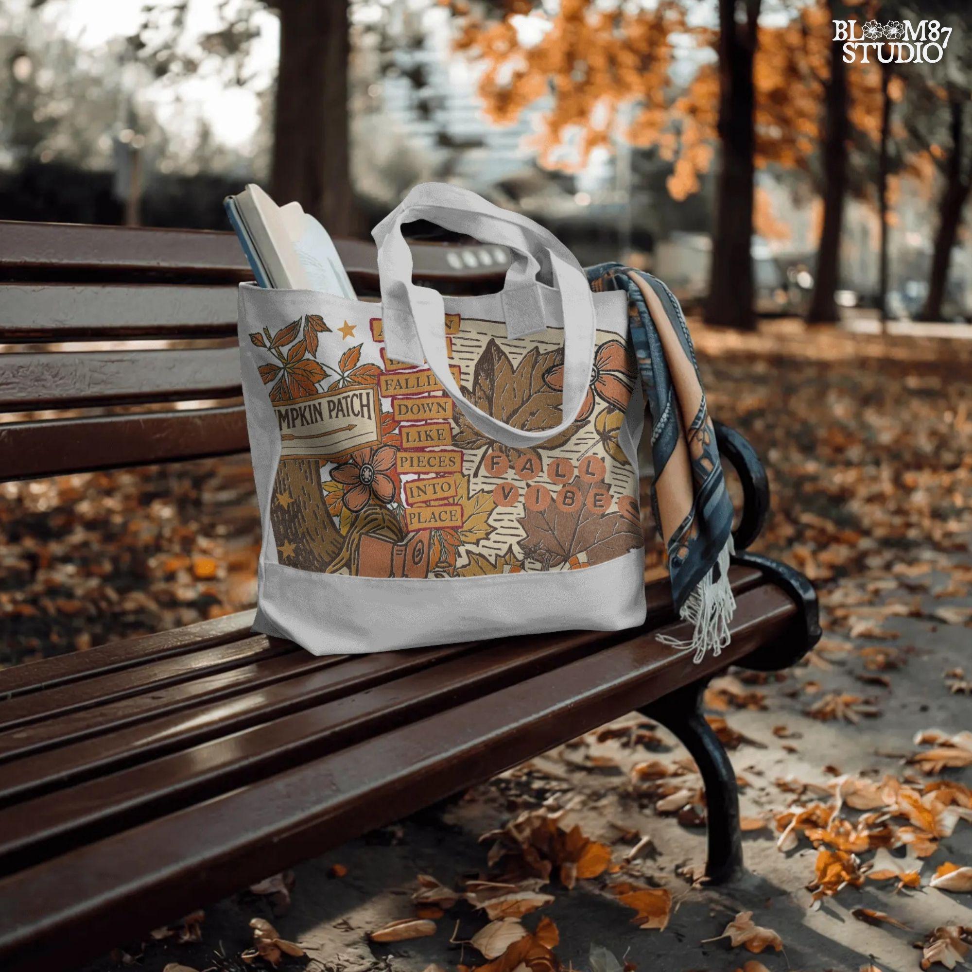 Retro fall collage PNG featuring girl reading under tree, plaid pumpkin, fall leaves, and pumpkin patch sign — great for shirts or wall prints