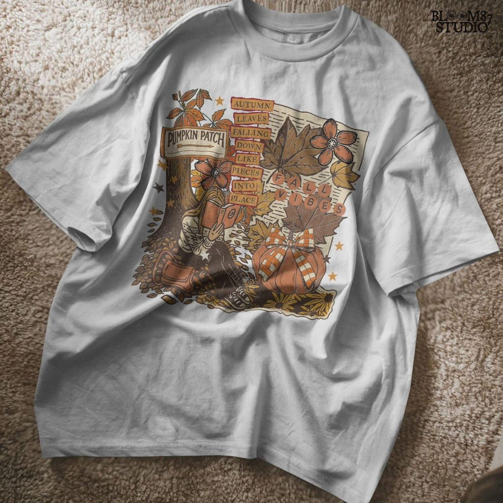 Retro fall collage PNG featuring girl reading under tree, plaid pumpkin, fall leaves, and pumpkin patch sign — great for shirts or wall prints