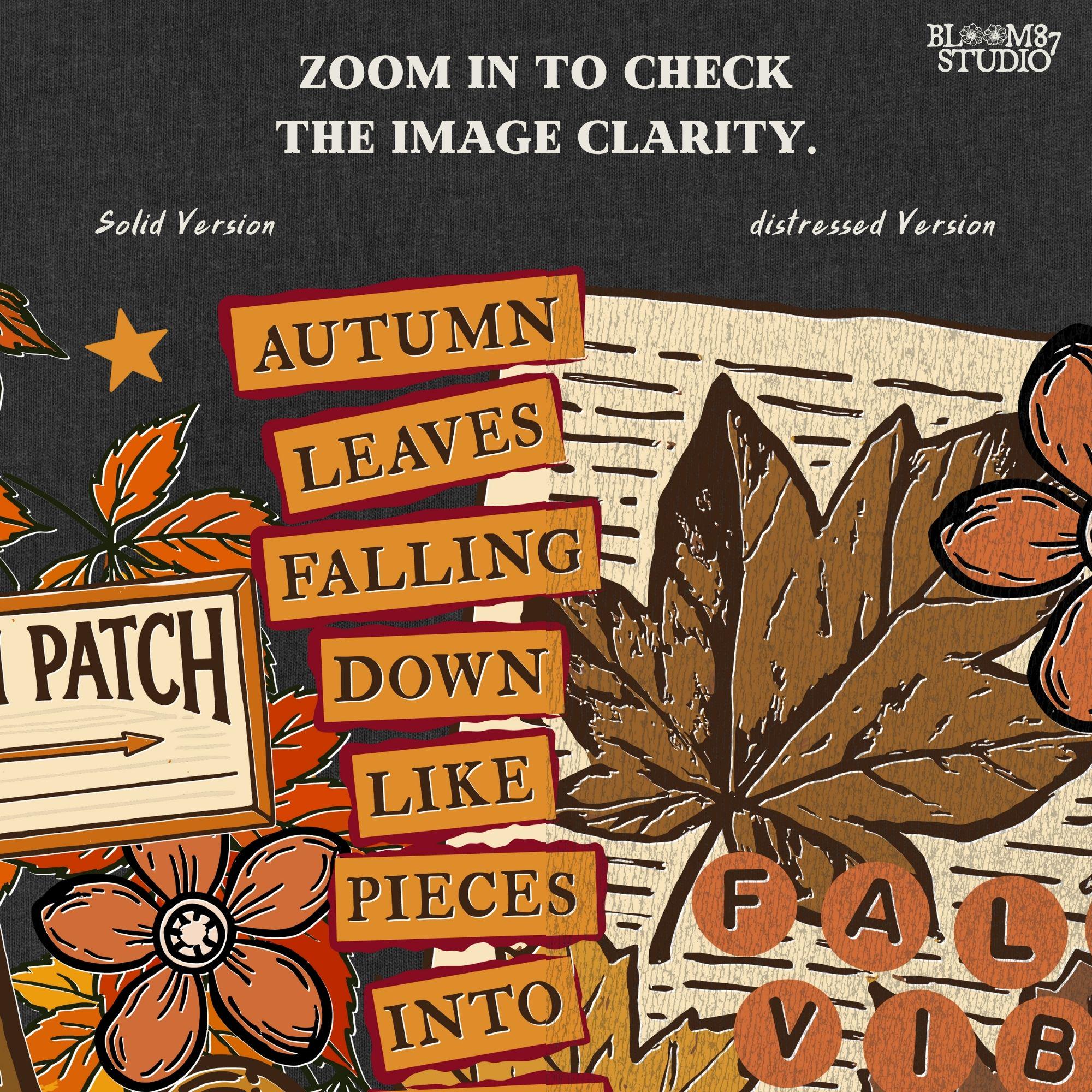 Retro fall collage PNG featuring girl reading under tree, plaid pumpkin, fall leaves, and pumpkin patch sign — great for shirts or wall prints