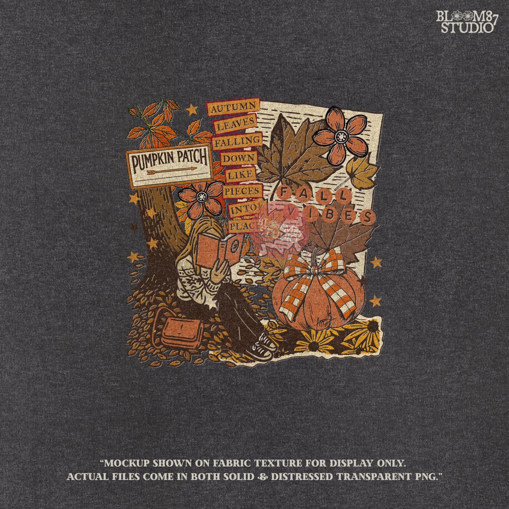 Retro fall collage PNG featuring girl reading under tree, plaid pumpkin, fall leaves, and pumpkin patch sign — great for shirts or wall prints