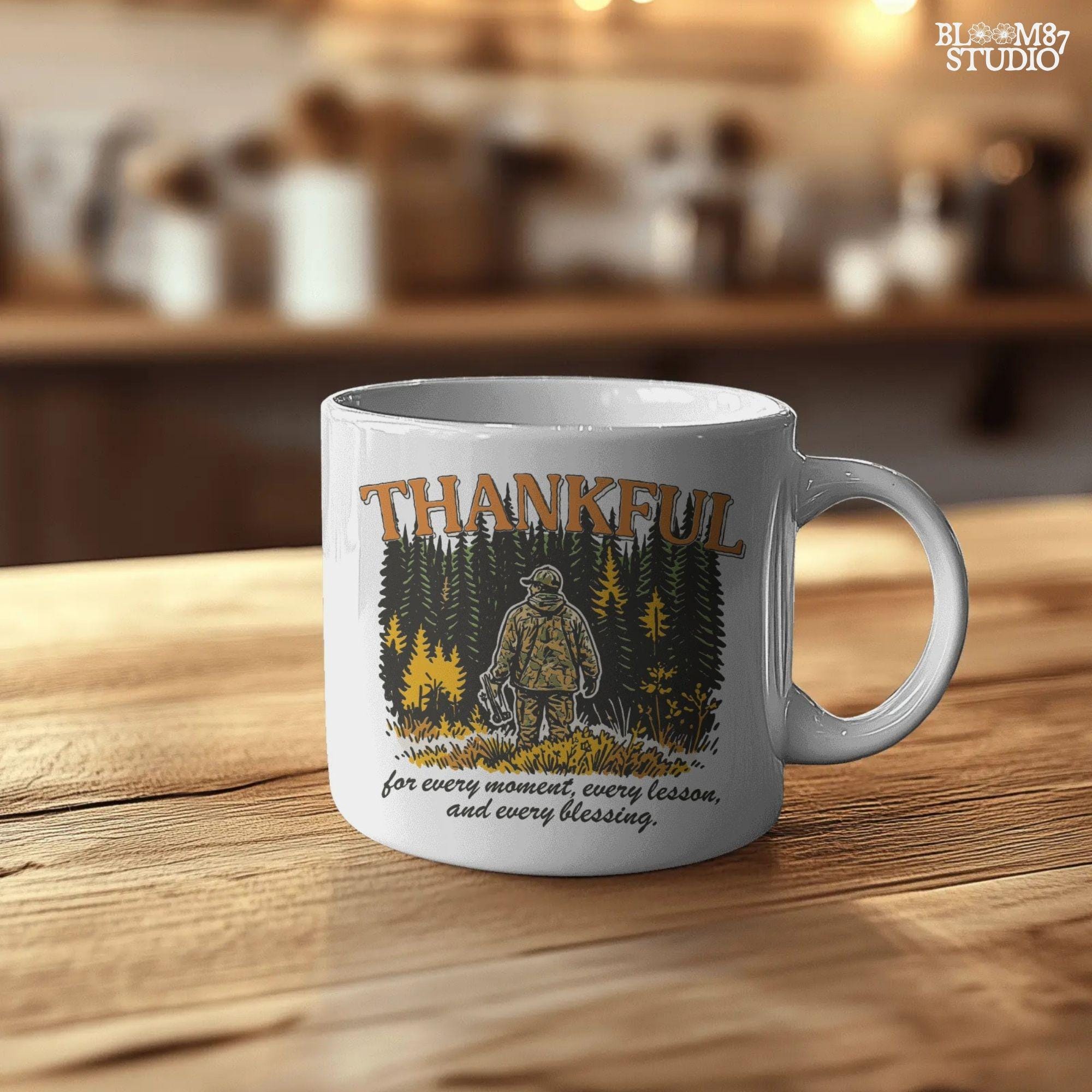 Illustration of a hunter in camo standing in a fall forest with the word “THANKFUL” above and a quote below, designed for sublimation projects.