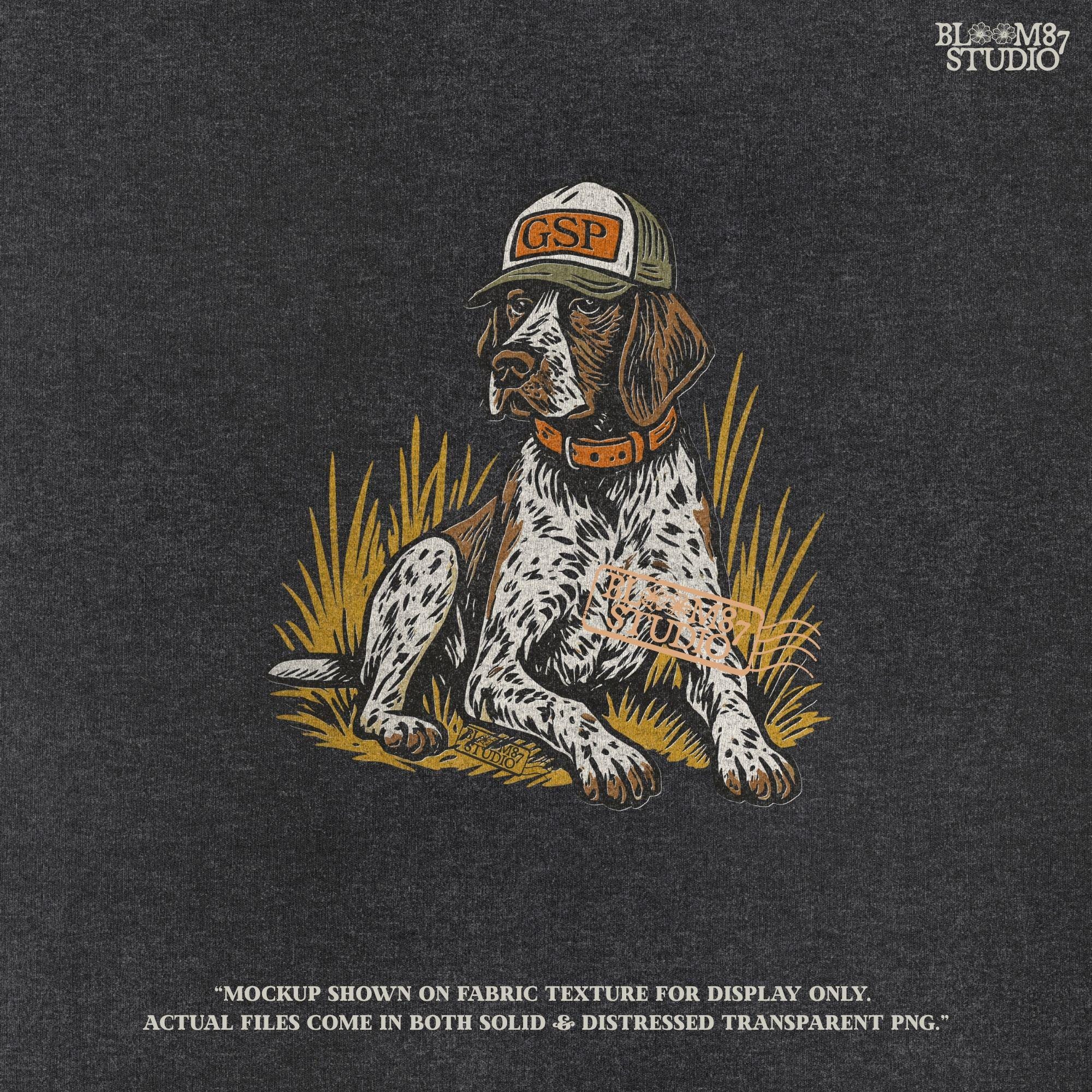 Illustration of a German Shorthaired Pointer dog wearing a GSP hat and orange collar, sitting in golden grass, perfect for hunting or fall-themed sublimation.