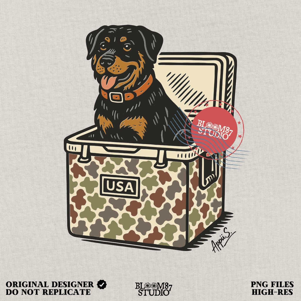 Illustration of a Rottweiler dog sitting inside a camouflage USA cooler, ideal for sublimation designs, hunting shirts, and outdoor pet lovers.