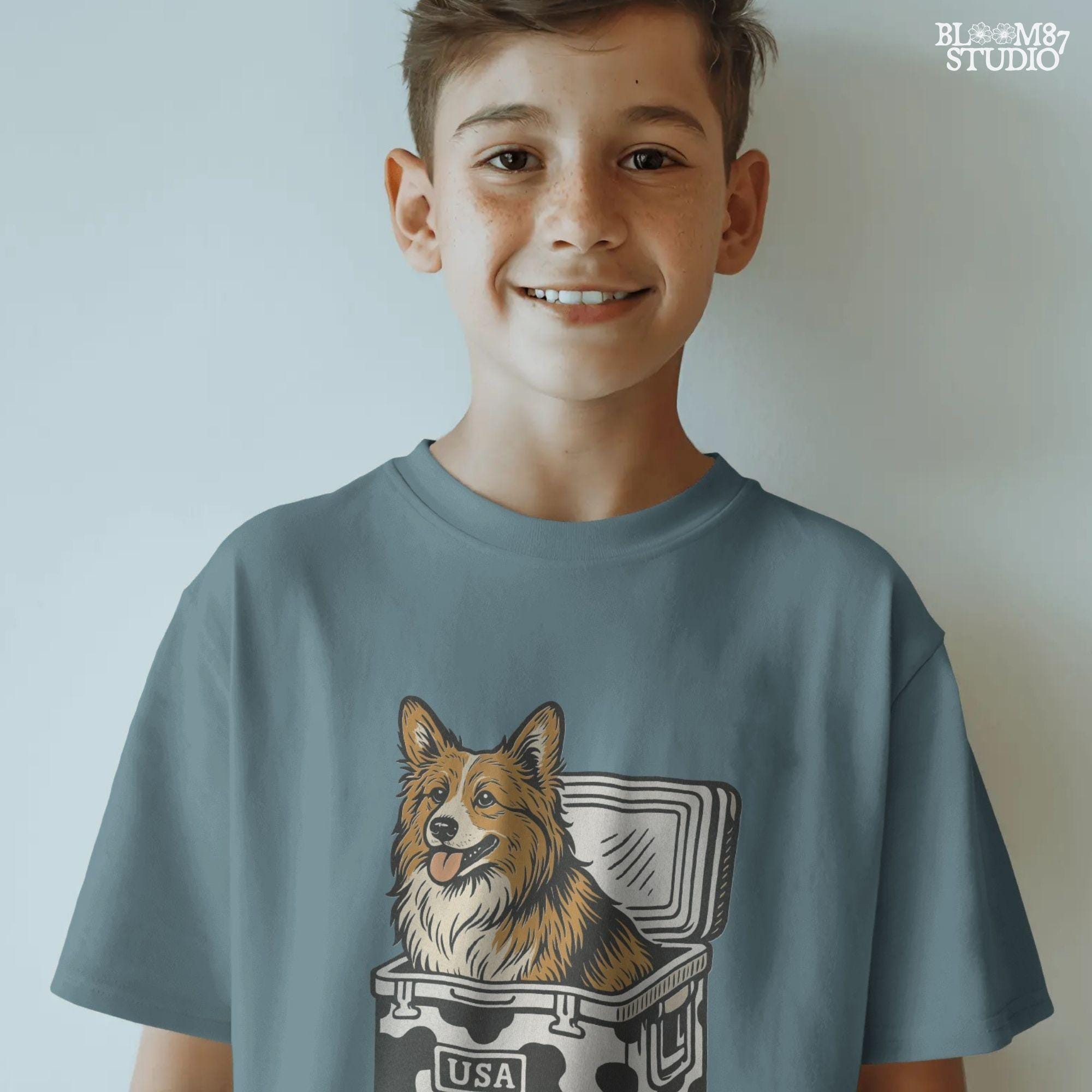 Corgi sitting inside a cow print cooler labeled “USA”, rustic cartoon-style digital PNG for patriotic pet sublimation and country-themed designs