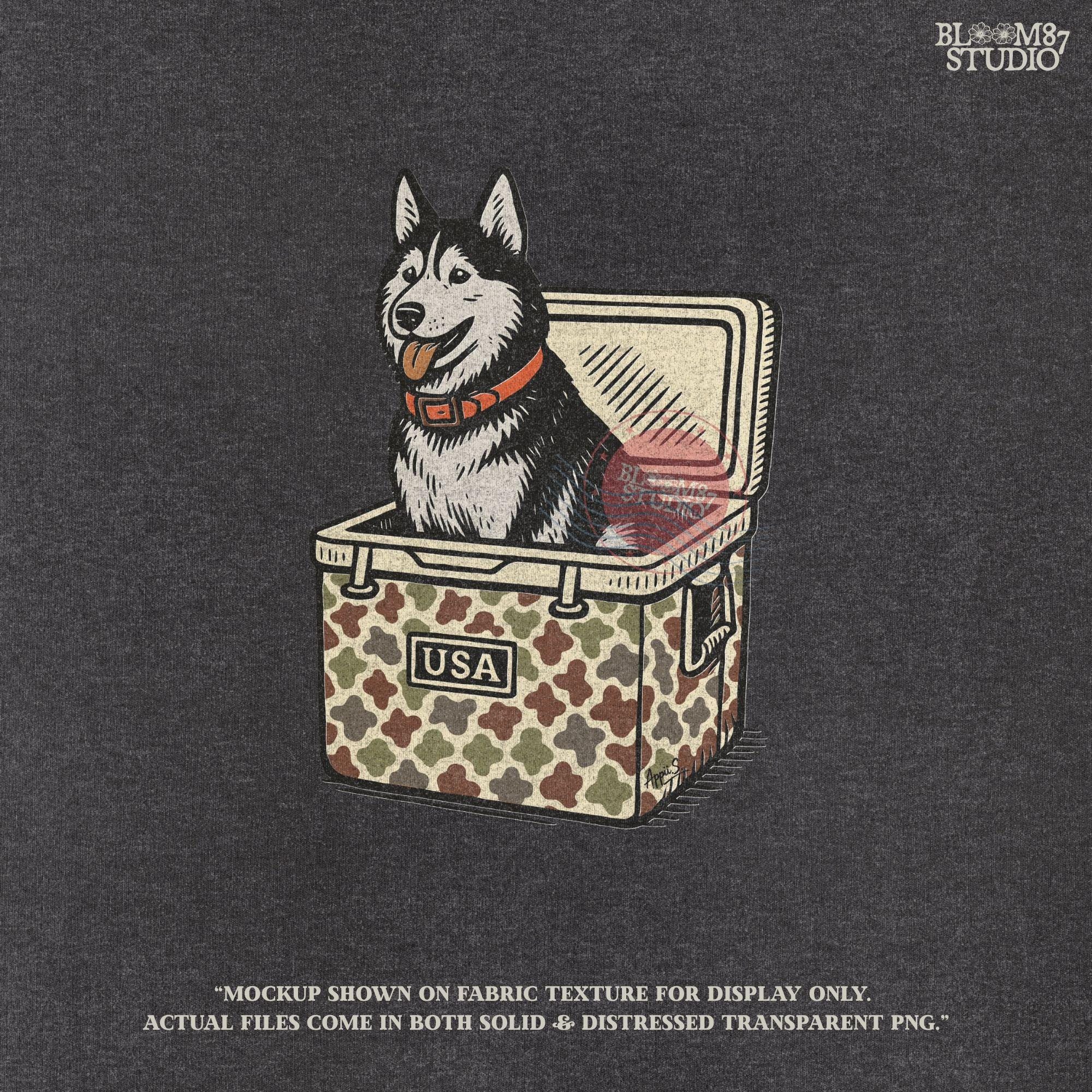 Rustic-style husky dog sitting inside a camo USA cooler, digital PNG for patriotic sublimation, hunting gifts, and funny pet-themed crafts