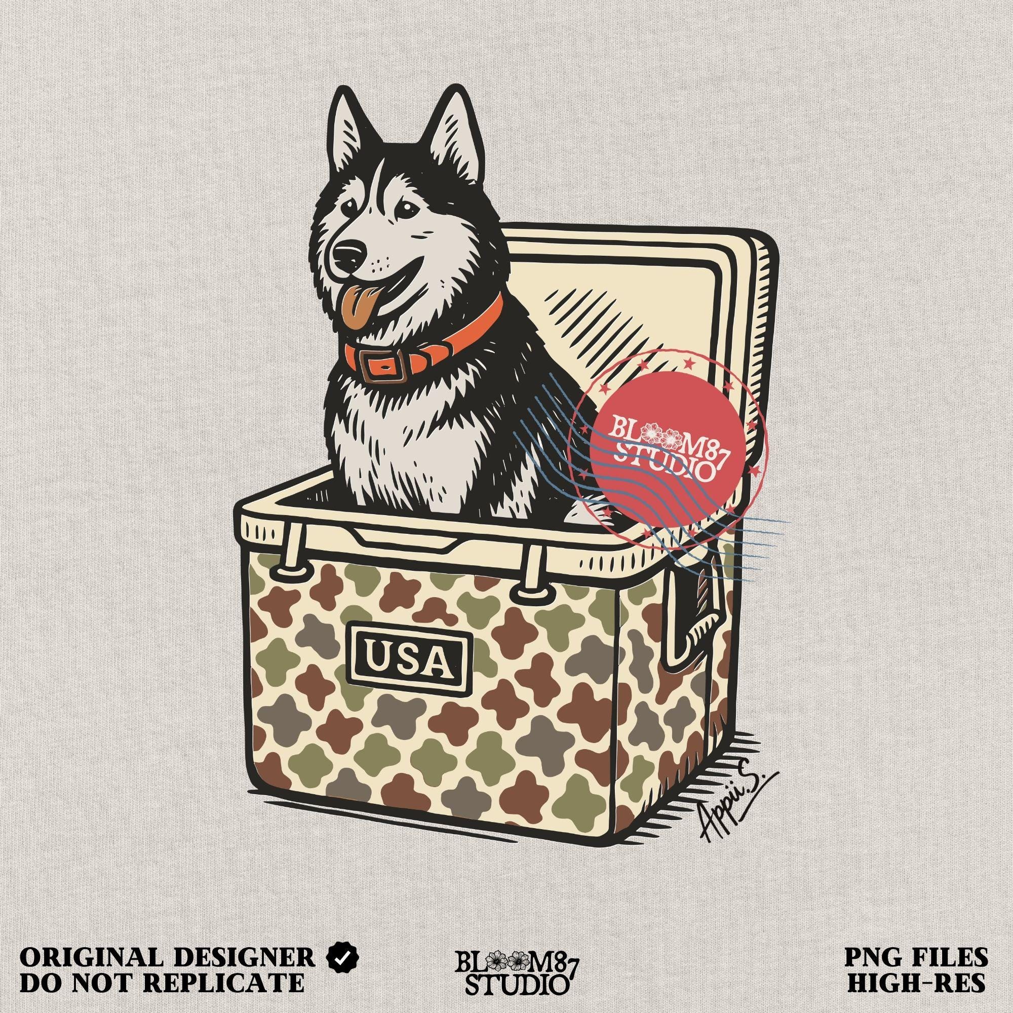 Rustic-style husky dog sitting inside a camo USA cooler, digital PNG for patriotic sublimation, hunting gifts, and funny pet-themed crafts