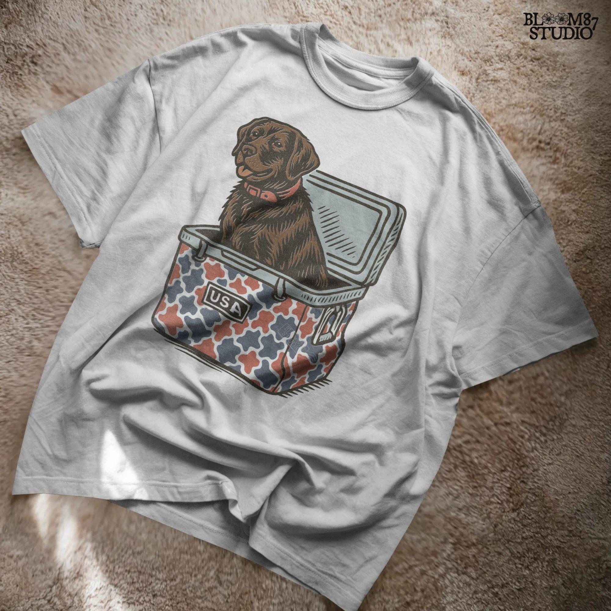 Patriotic sublimation PNG of a brown Labrador sitting inside a red, white, and blue USA-themed cooler, perfect for July 4th crafts and shirts