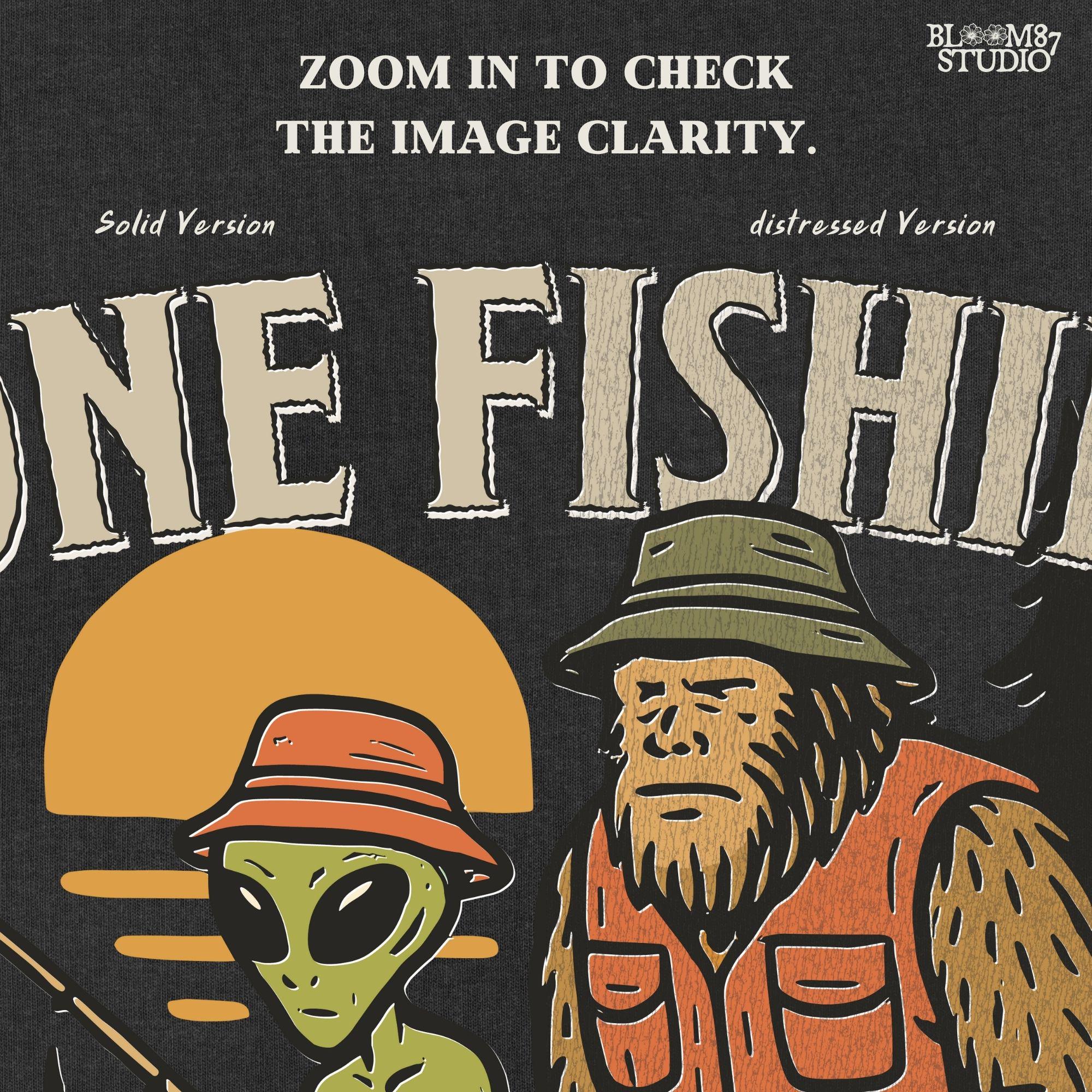 Funny illustration of Bigfoot and an alien fishing together on a lake dock at sunset, wearing fishing hats and vests—perfect for summer and Father’s Day sublimation.