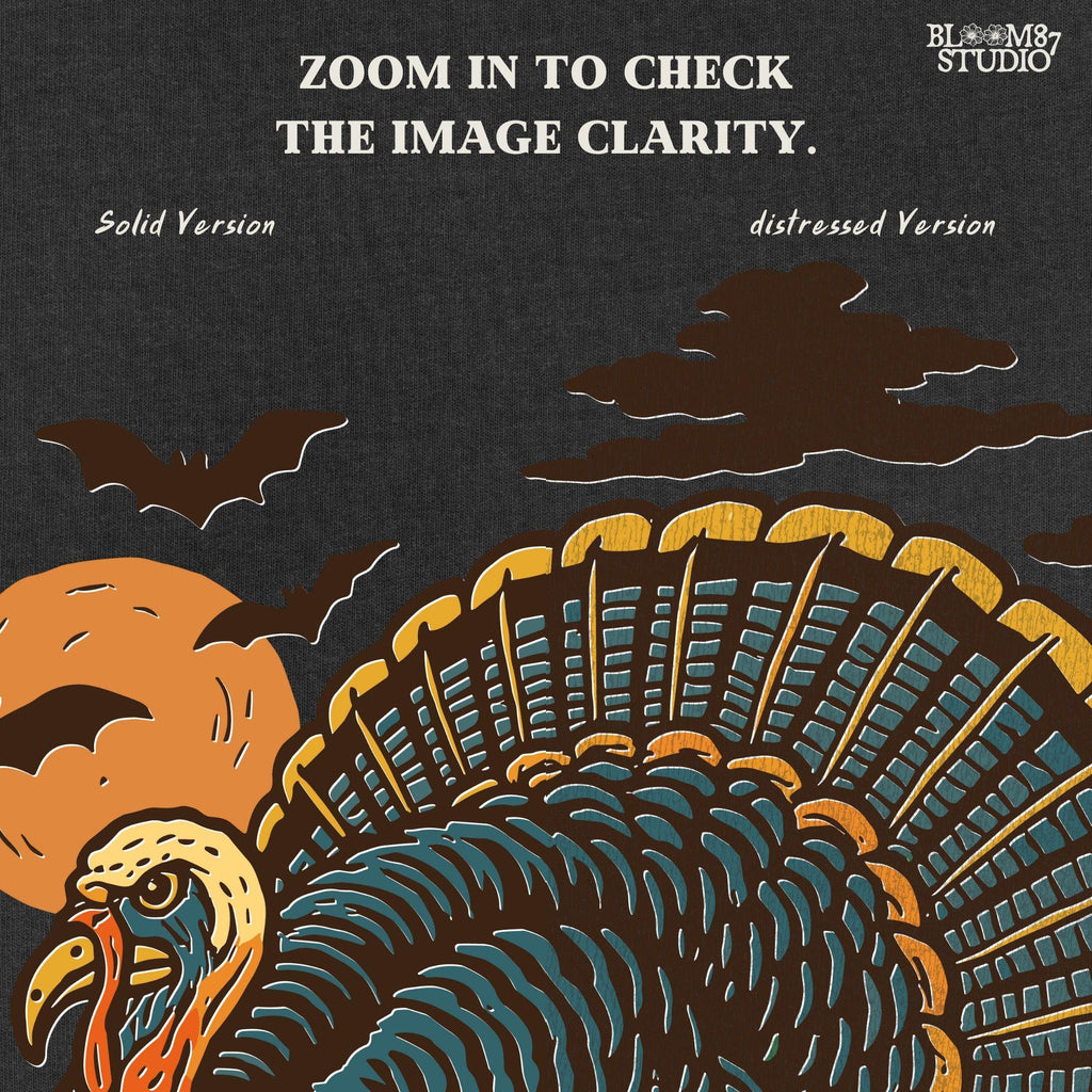 Funny sublimation PNG of a turkey surrounded by jack-o’-lanterns, bats, and a spooky full moon, perfect for Halloween and Thanksgiving crafts