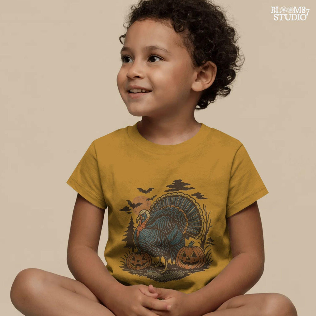 Funny sublimation PNG of a turkey surrounded by jack-o’-lanterns, bats, and a spooky full moon, perfect for Halloween and Thanksgiving crafts