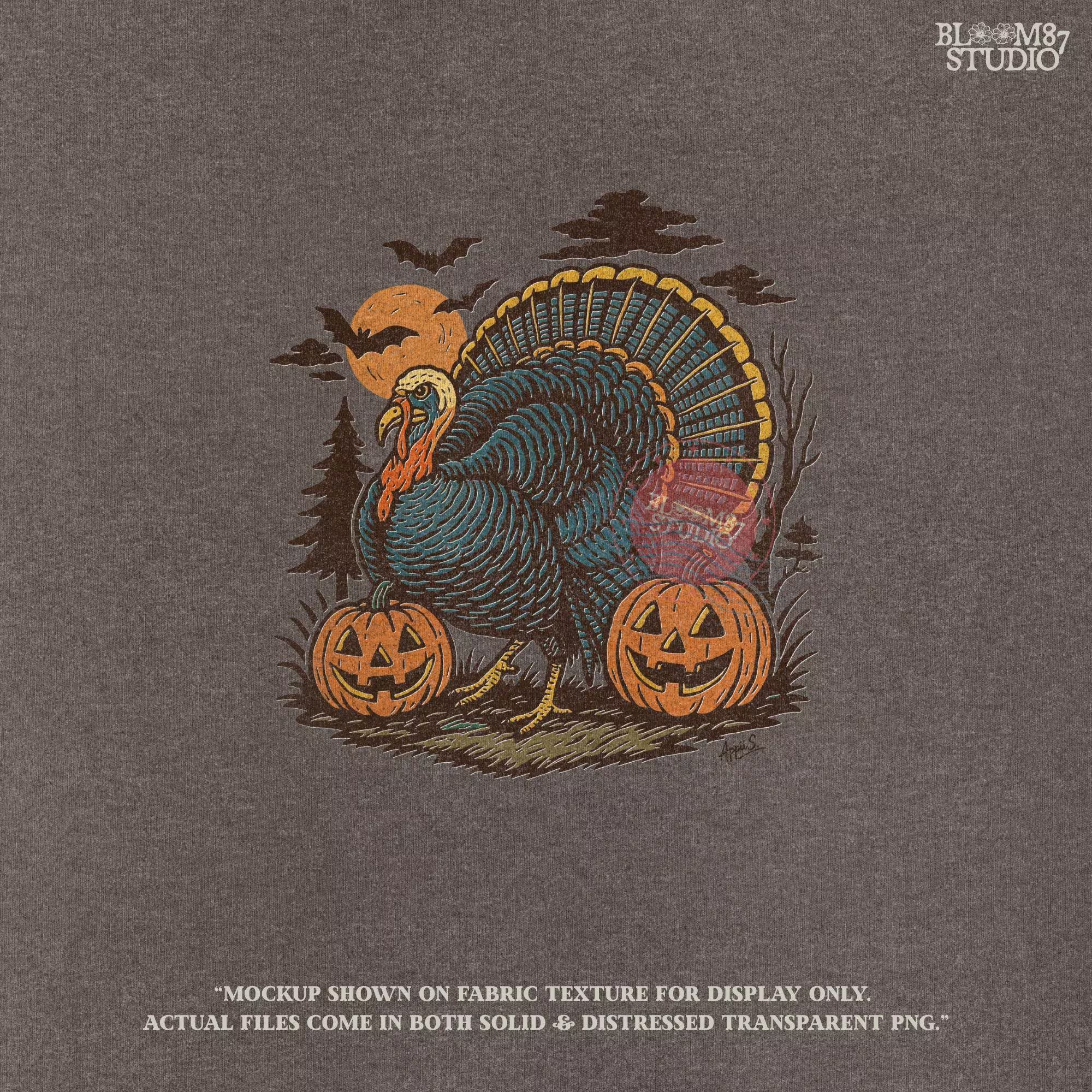 Halloween Turkey PNG | Funny Fall Thanksgiving Digital Download | Vintage Turkey with Pumpkins & Jack O’Lantern Clipart