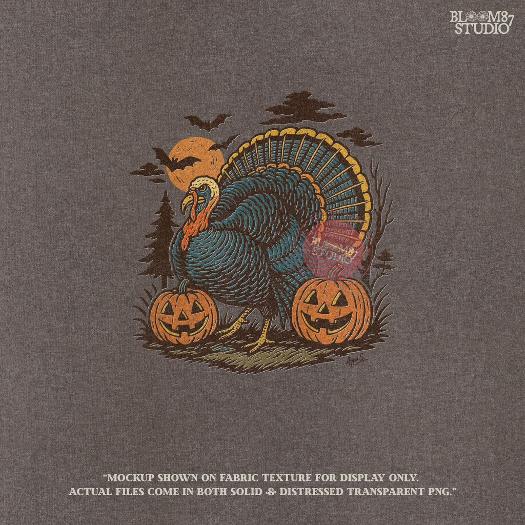 Funny sublimation PNG of a turkey surrounded by jack-o’-lanterns, bats, and a spooky full moon, perfect for Halloween and Thanksgiving crafts