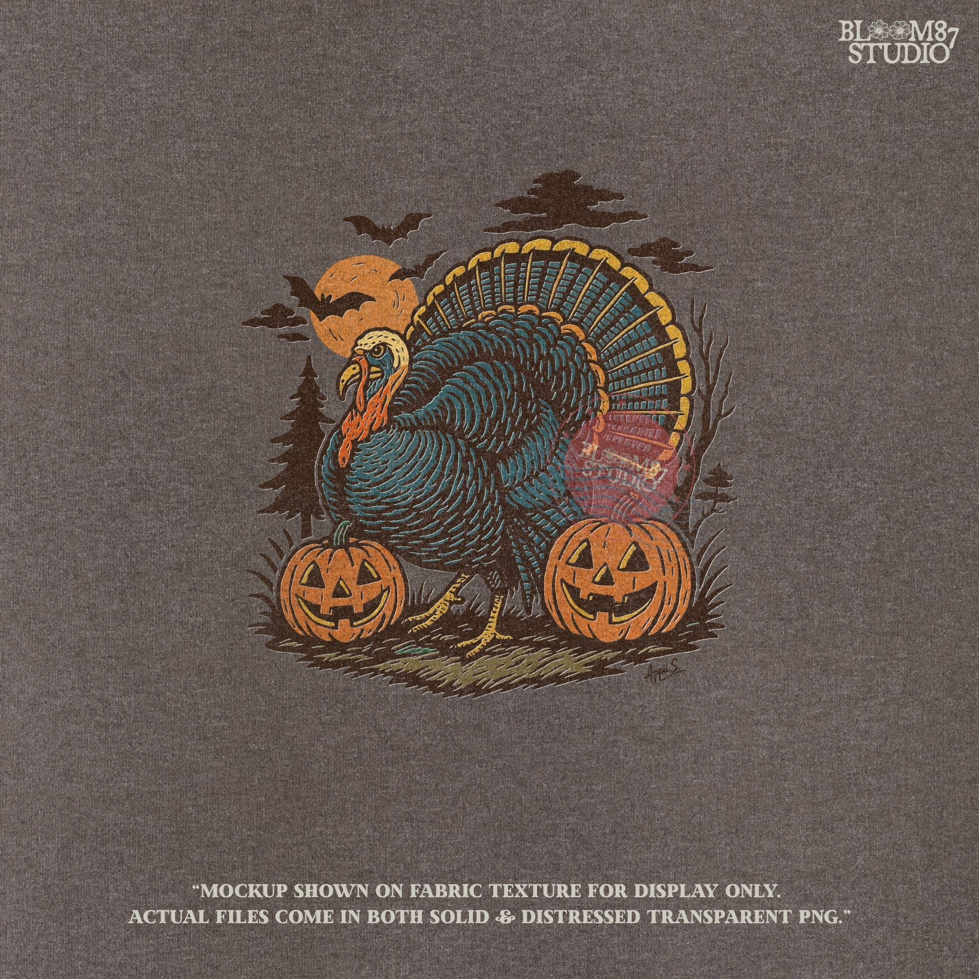 Funny sublimation PNG of a turkey surrounded by jack-o’-lanterns, bats, and a spooky full moon, perfect for Halloween and Thanksgiving crafts