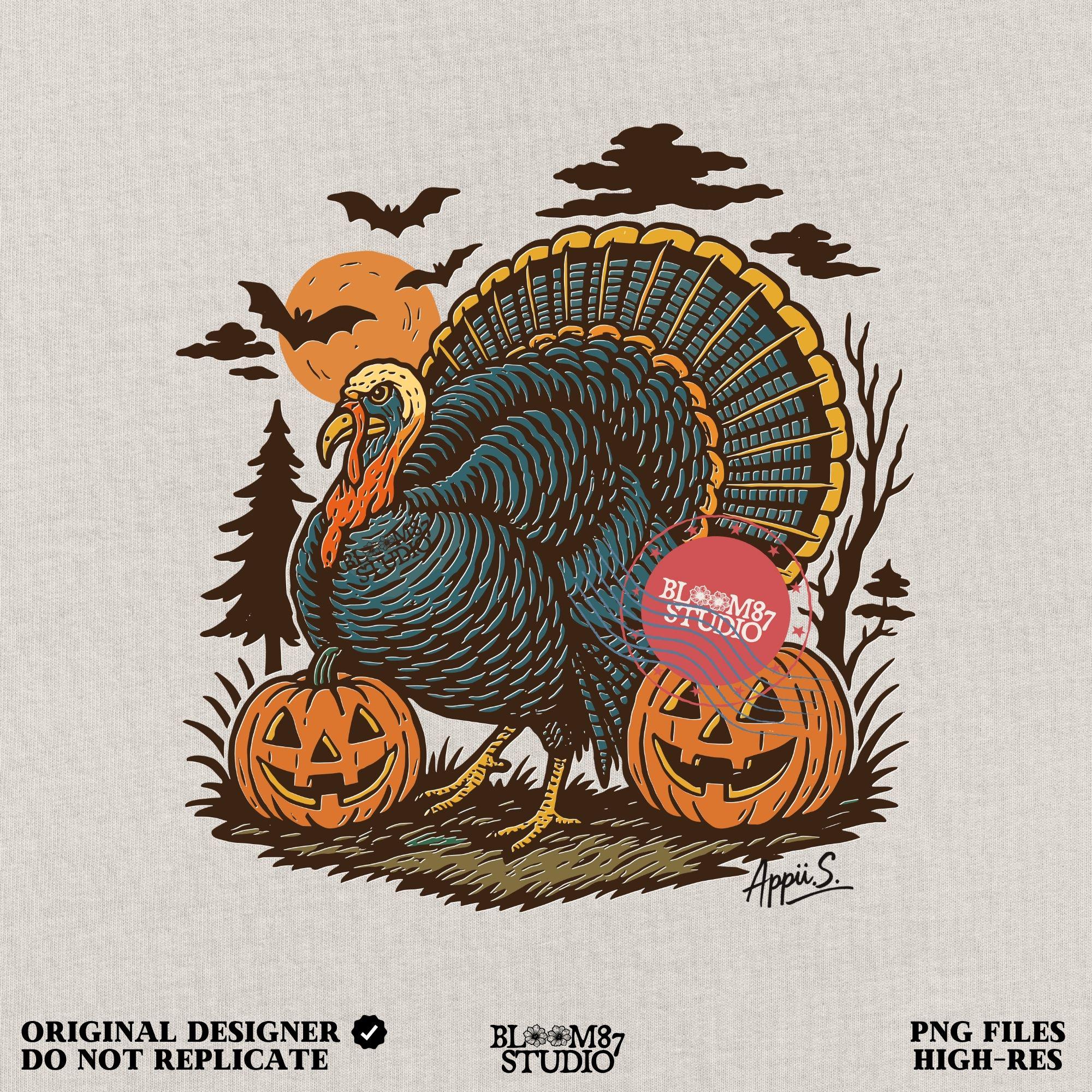 Funny sublimation PNG of a turkey surrounded by jack-o’-lanterns, bats, and a spooky full moon, perfect for Halloween and Thanksgiving crafts