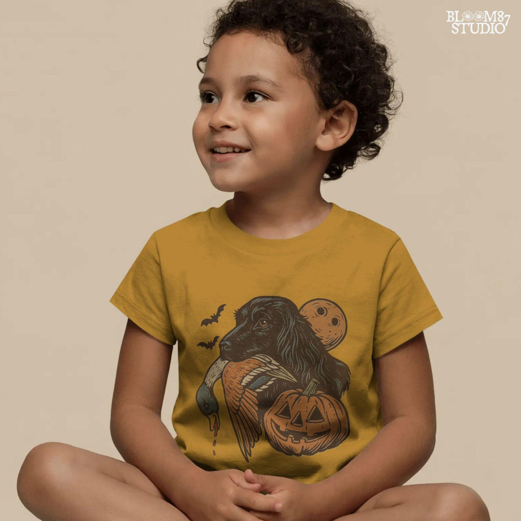 Halloween PNG of a black hunting dog holding a duck with jack-o’-lanterns, bats, and a full moon, rustic sublimation for fall crafts