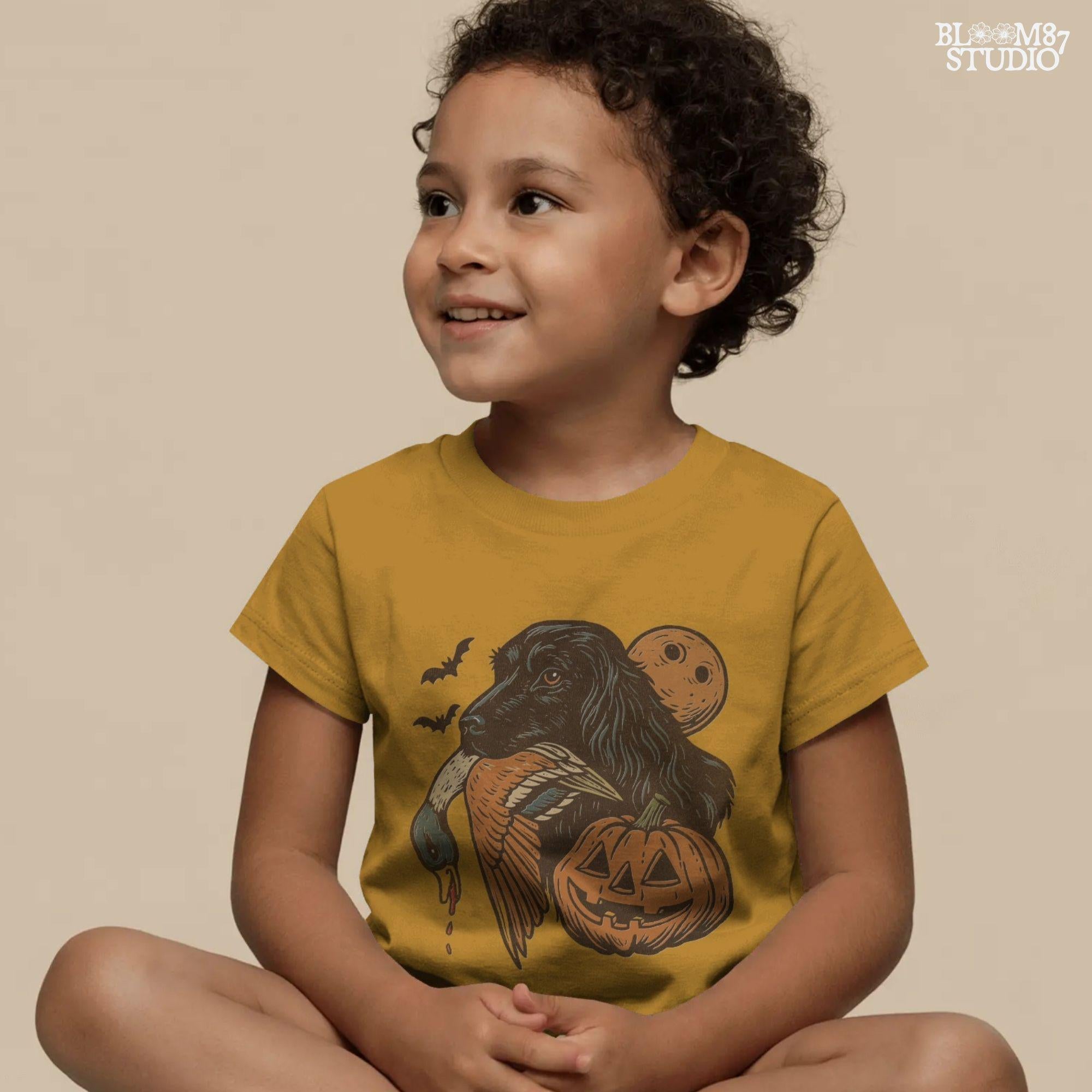 Halloween PNG of a black hunting dog holding a duck with jack-o’-lanterns, bats, and a full moon, rustic sublimation for fall crafts