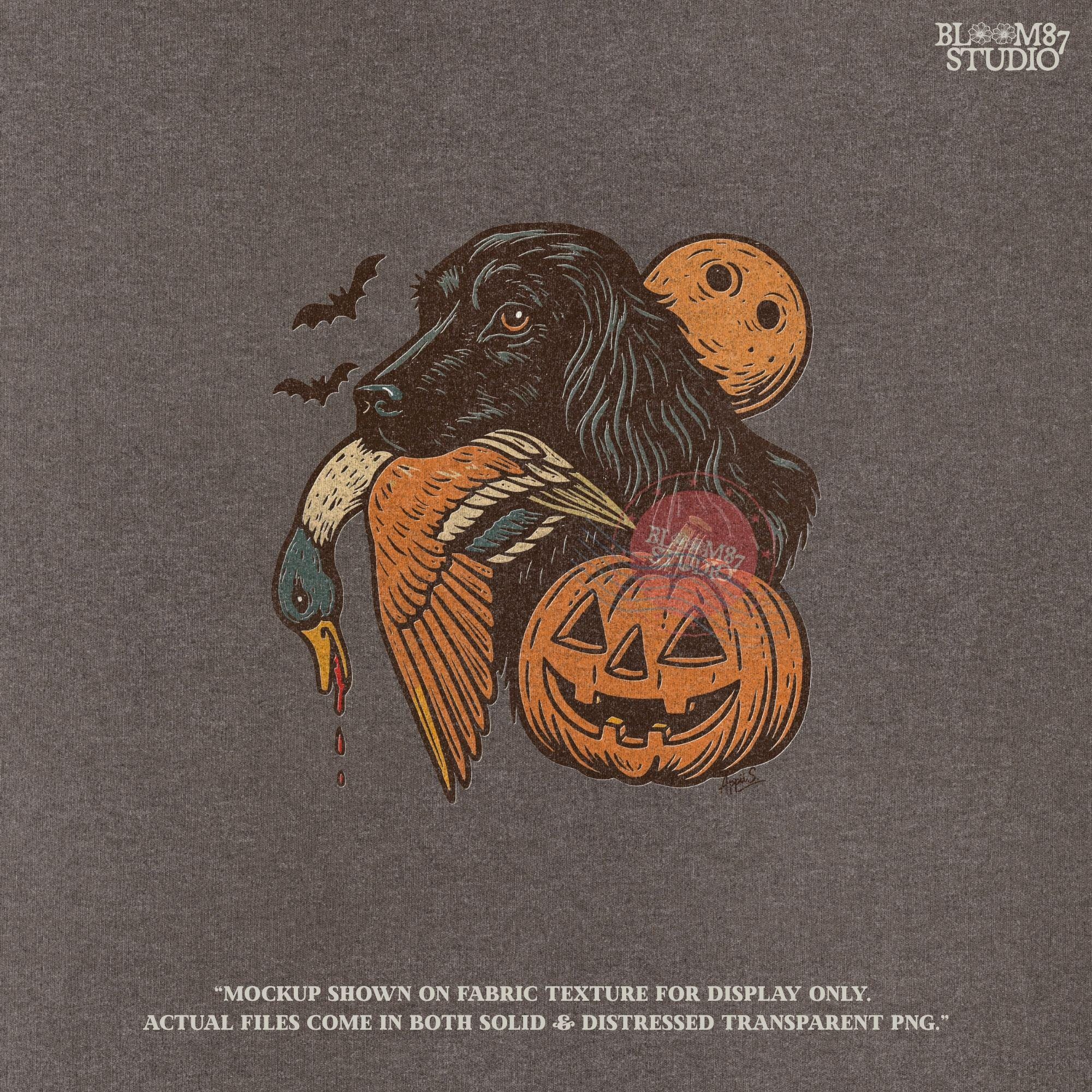Halloween PNG of a black hunting dog holding a duck with jack-o’-lanterns, bats, and a full moon, rustic sublimation for fall crafts