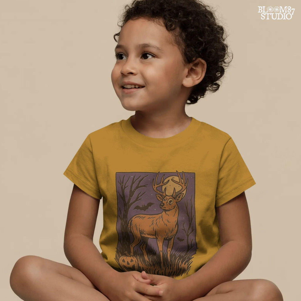 Halloween PNG design of a deer buck under full moon with jack-o’-lantern, bats, and spooky forest background in fall colors