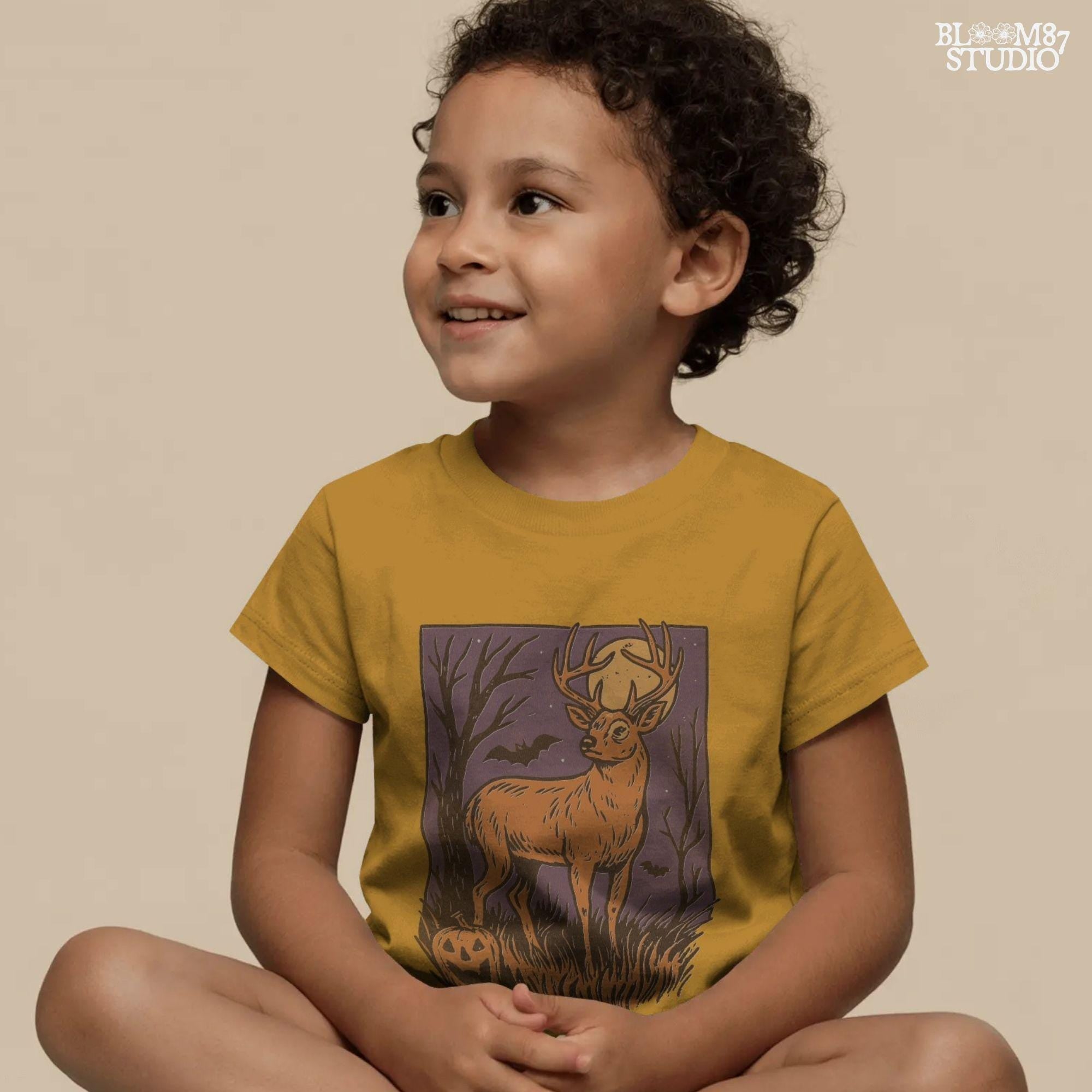 Halloween PNG design of a deer buck under full moon with jack-o’-lantern, bats, and spooky forest background in fall colors