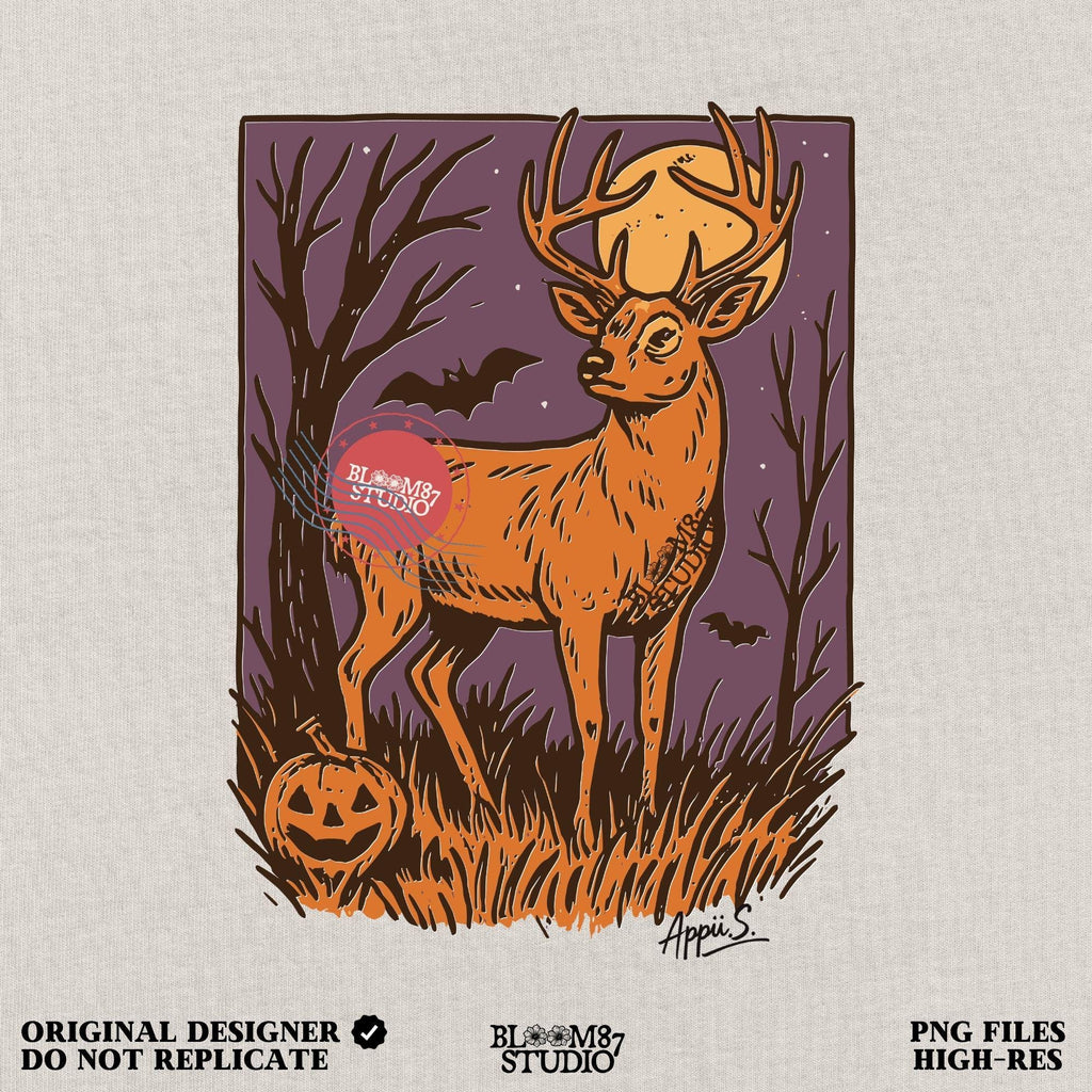 Halloween PNG design of a deer buck under full moon with jack-o’-lantern, bats, and spooky forest background in fall colors