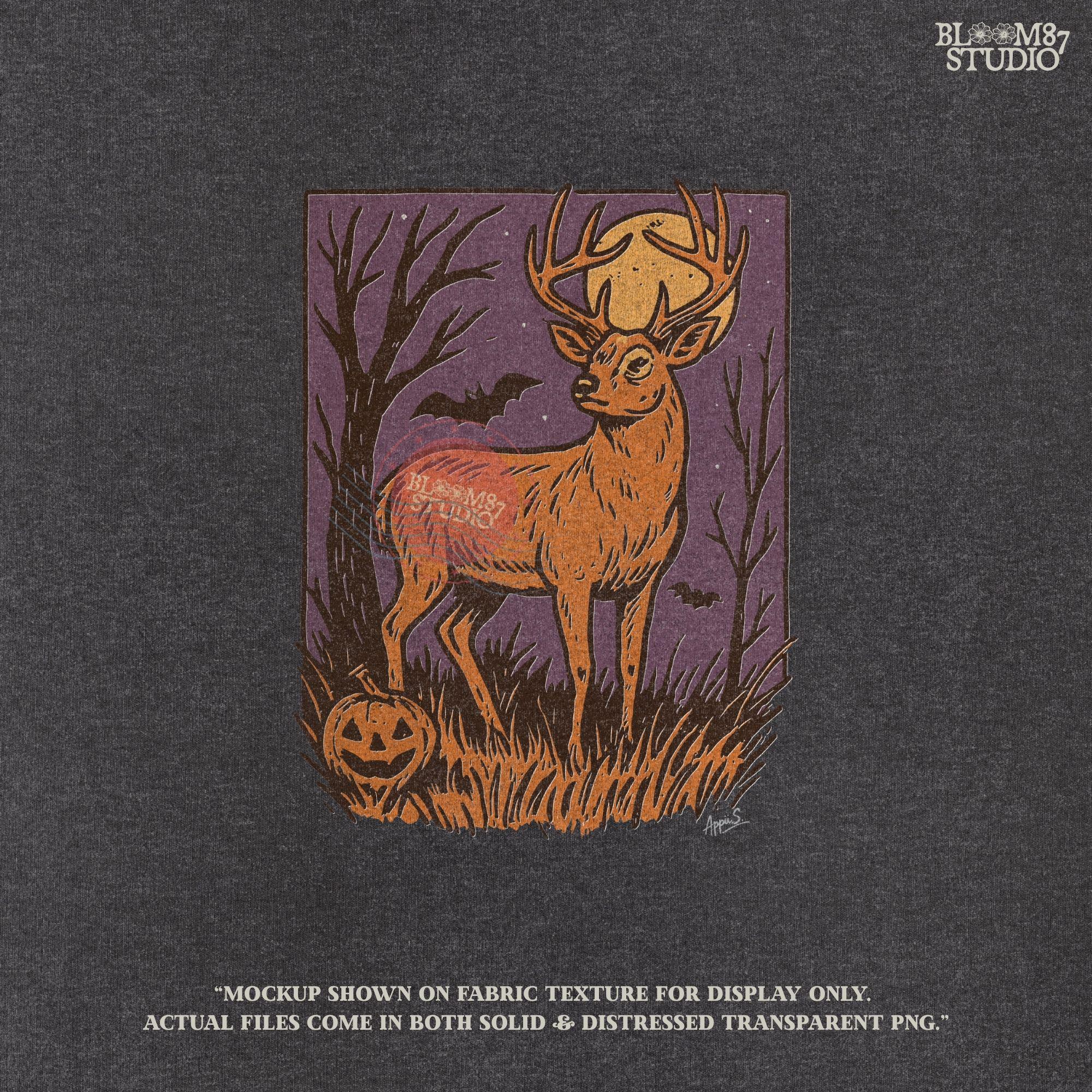 Halloween PNG design of a deer buck under full moon with jack-o’-lantern, bats, and spooky forest background in fall colors