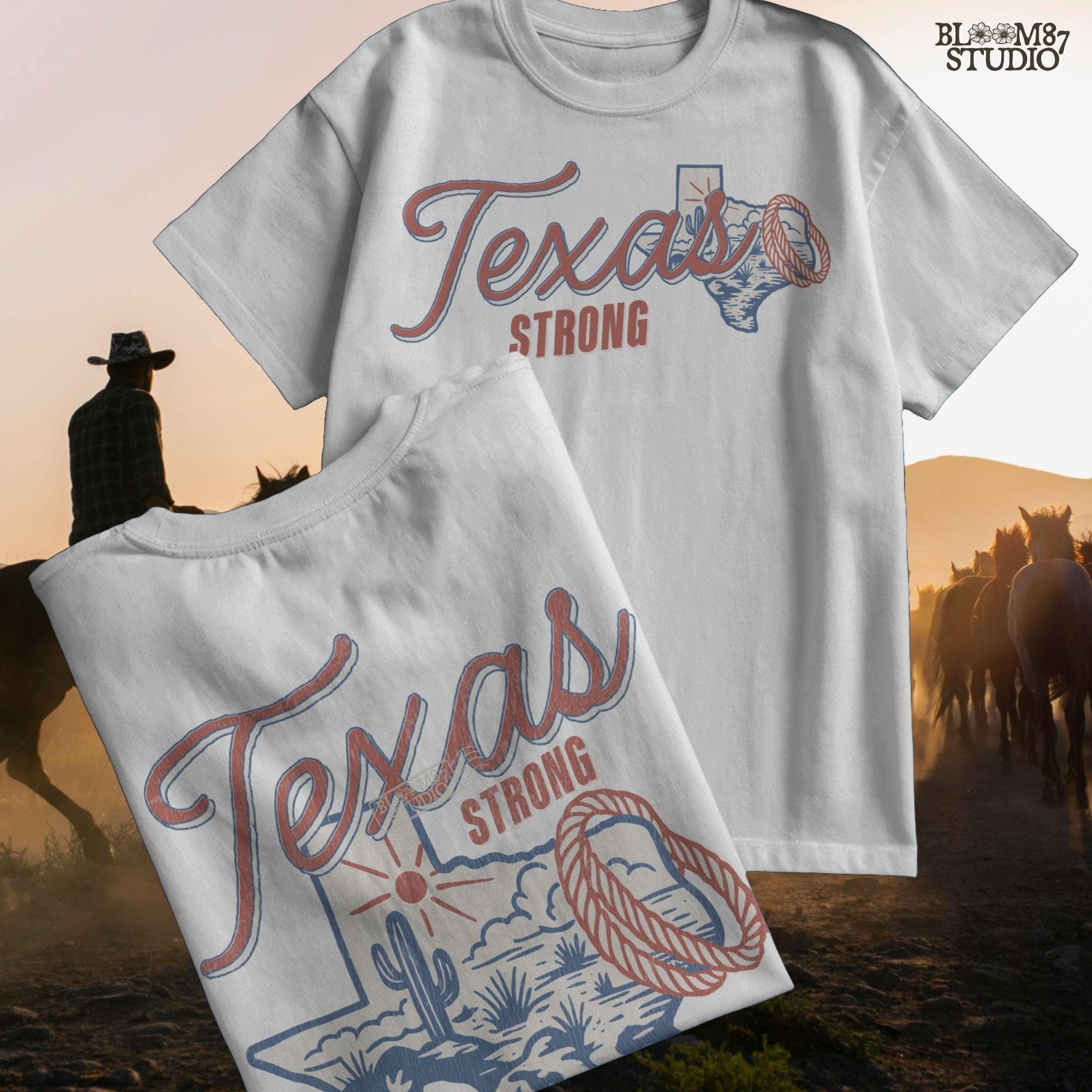 “Texas Strong sublimation PNG design featuring Texas state outline with desert scene, cactus, sun, and rope lasso, for flood relief and western-themed crafts”