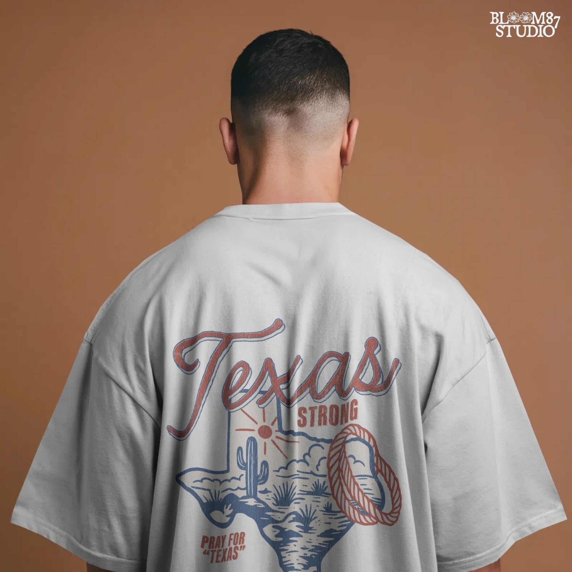 “Texas Strong sublimation PNG design featuring Texas state outline with desert scene, cactus, sun, and rope lasso, for flood relief and western-themed crafts”