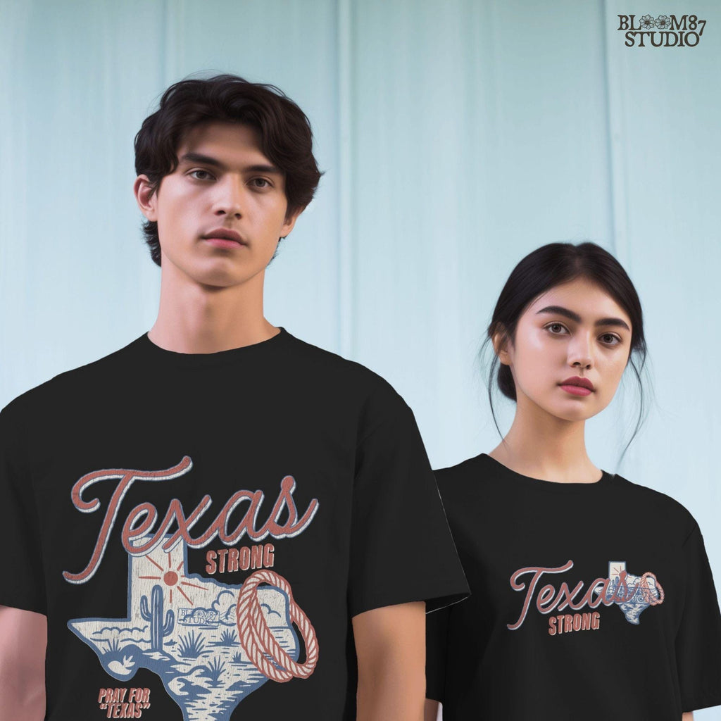 “Texas Strong sublimation PNG design featuring Texas state outline with desert scene, cactus, sun, and rope lasso, for flood relief and western-themed crafts”