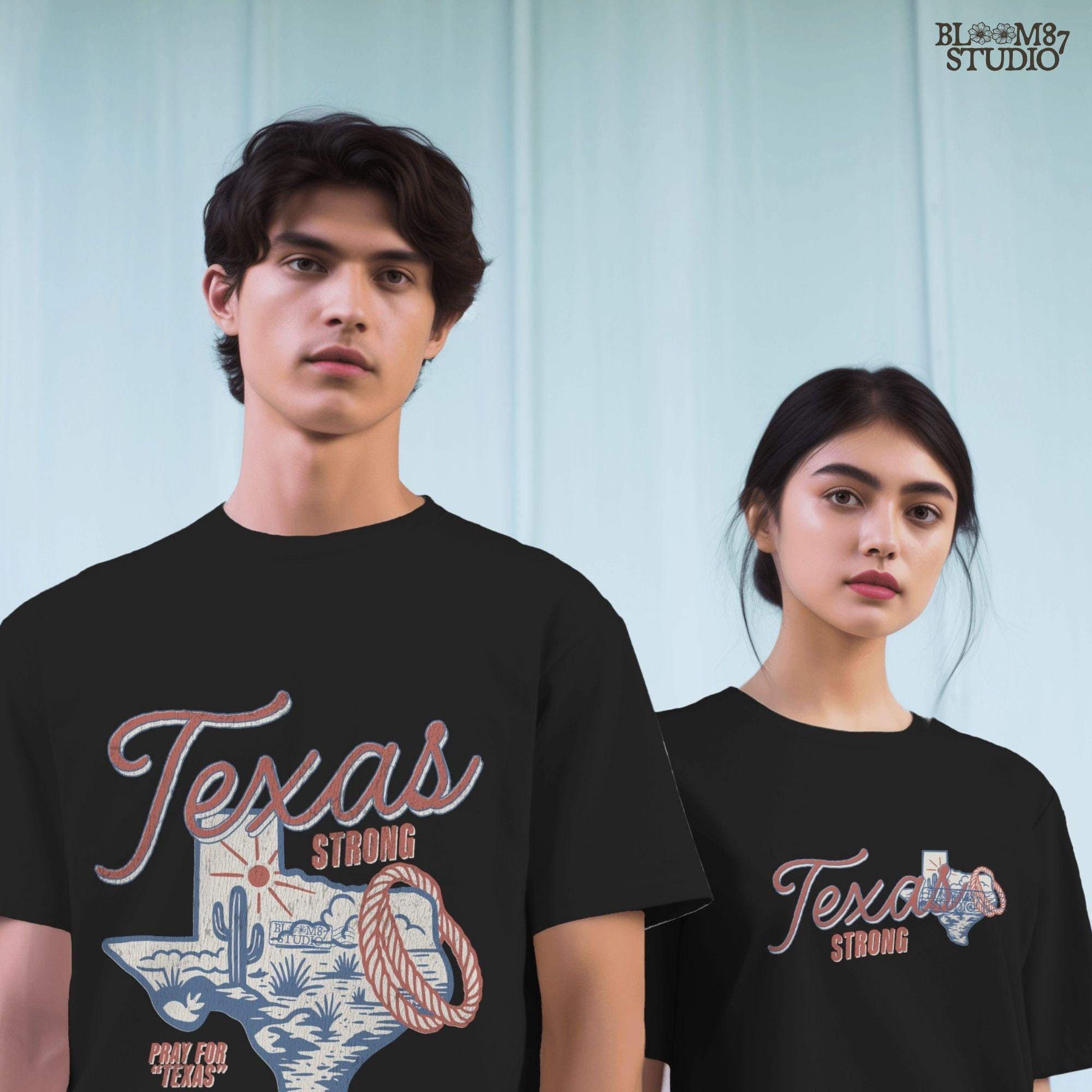 “Texas Strong sublimation PNG design featuring Texas state outline with desert scene, cactus, sun, and rope lasso, for flood relief and western-themed crafts”