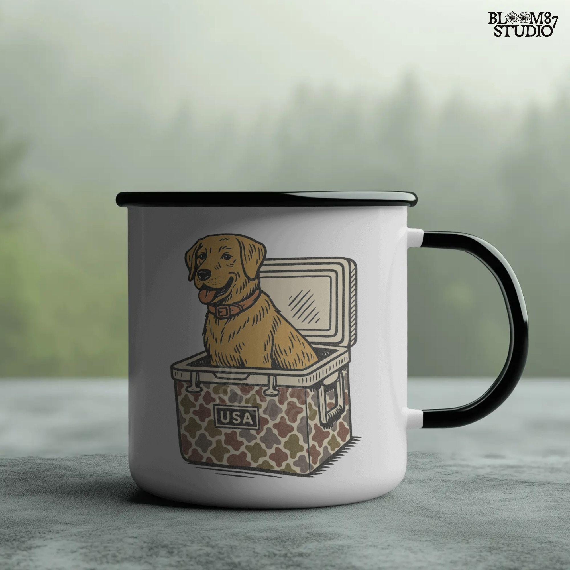 Yellow Labrador Retriever sitting inside a camouflage USA cooler, digital PNG sublimation design for fall hunting or outdoors crafting