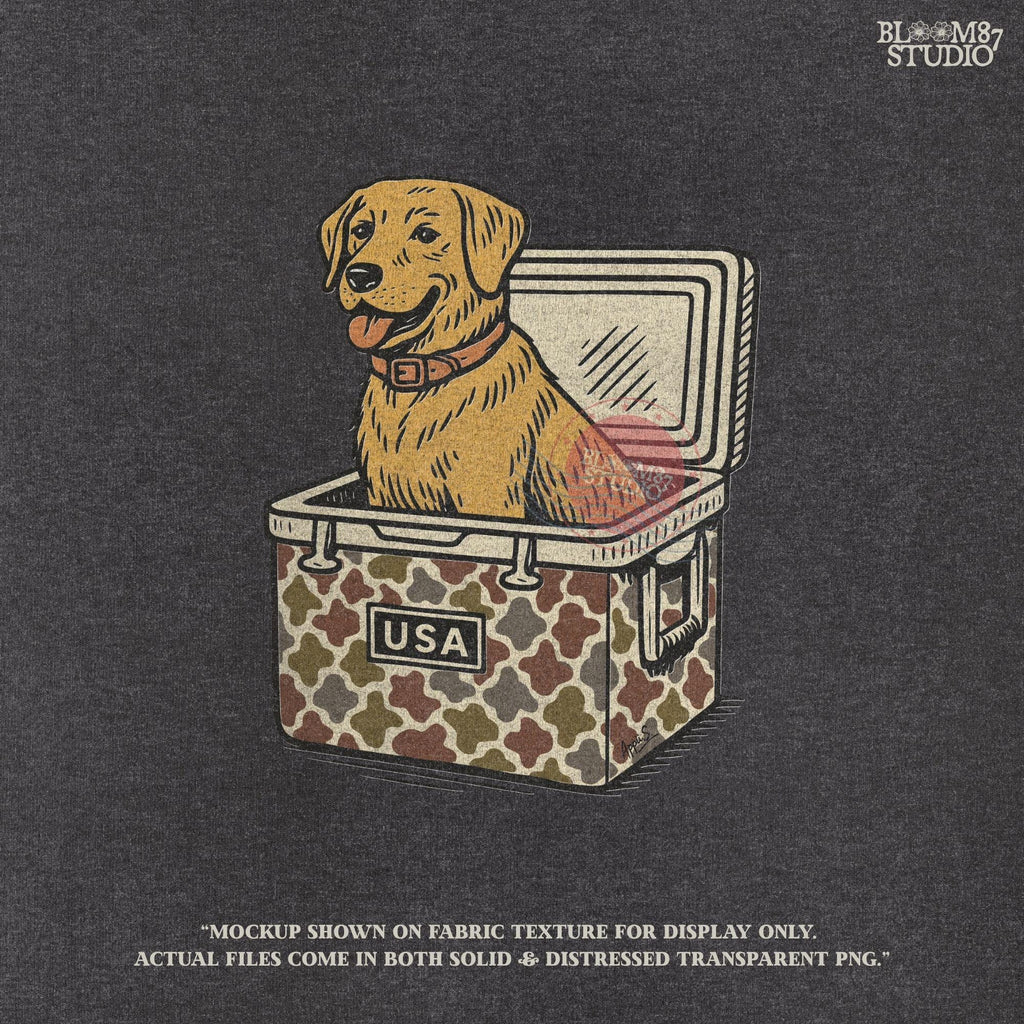 Yellow Labrador Retriever sitting inside a camouflage USA cooler, digital PNG sublimation design for fall hunting or outdoors crafting
