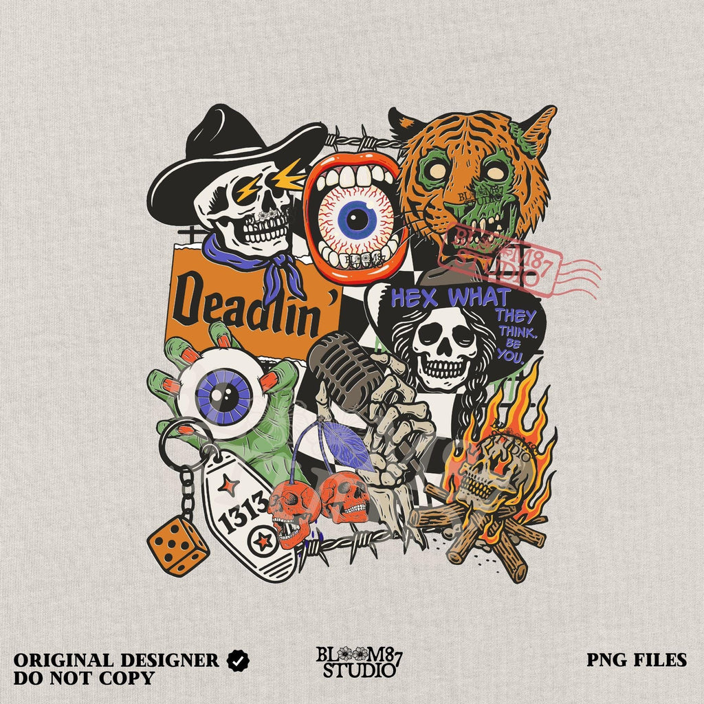 Edgy Halloween collage PNG featuring skeletons, zombie tiger, flaming skull, barbed wire, microphone, and retro horror elements in punk western style.