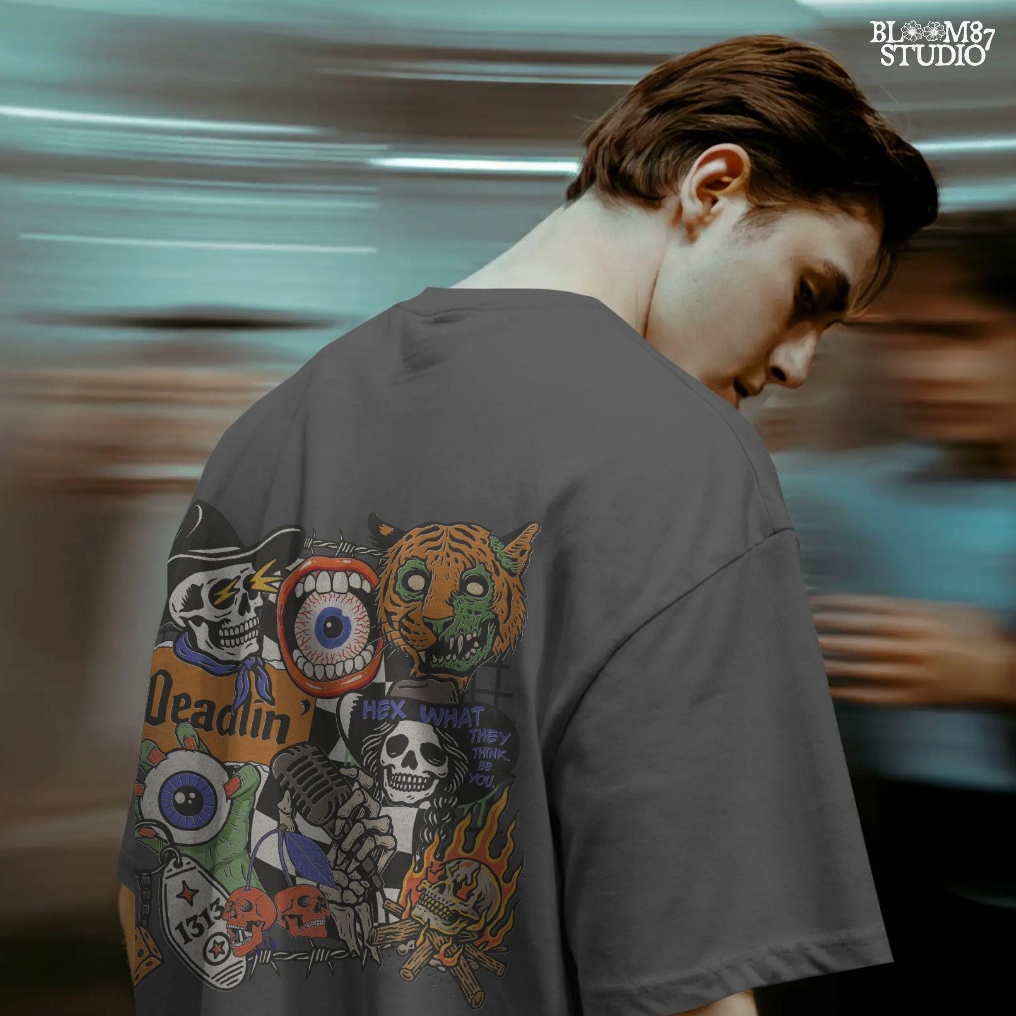 Edgy Halloween collage PNG featuring skeletons, zombie tiger, flaming skull, barbed wire, microphone, and retro horror elements in punk western style.