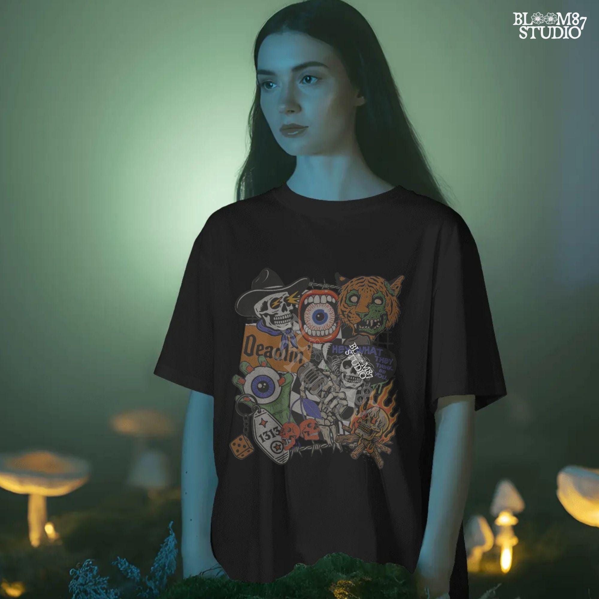 Edgy Halloween collage PNG featuring skeletons, zombie tiger, flaming skull, barbed wire, microphone, and retro horror elements in punk western style.