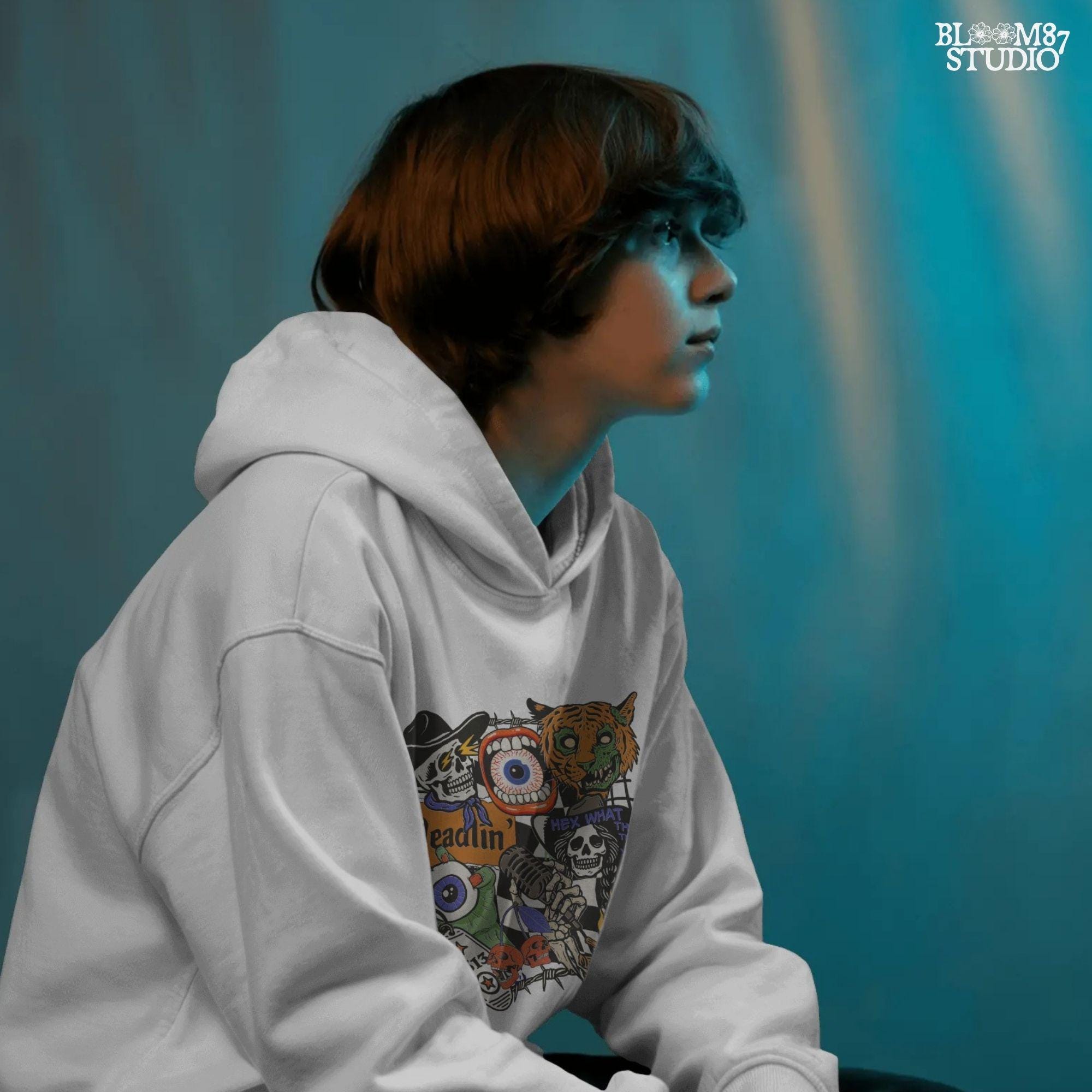 Edgy Halloween collage PNG featuring skeletons, zombie tiger, flaming skull, barbed wire, microphone, and retro horror elements in punk western style.