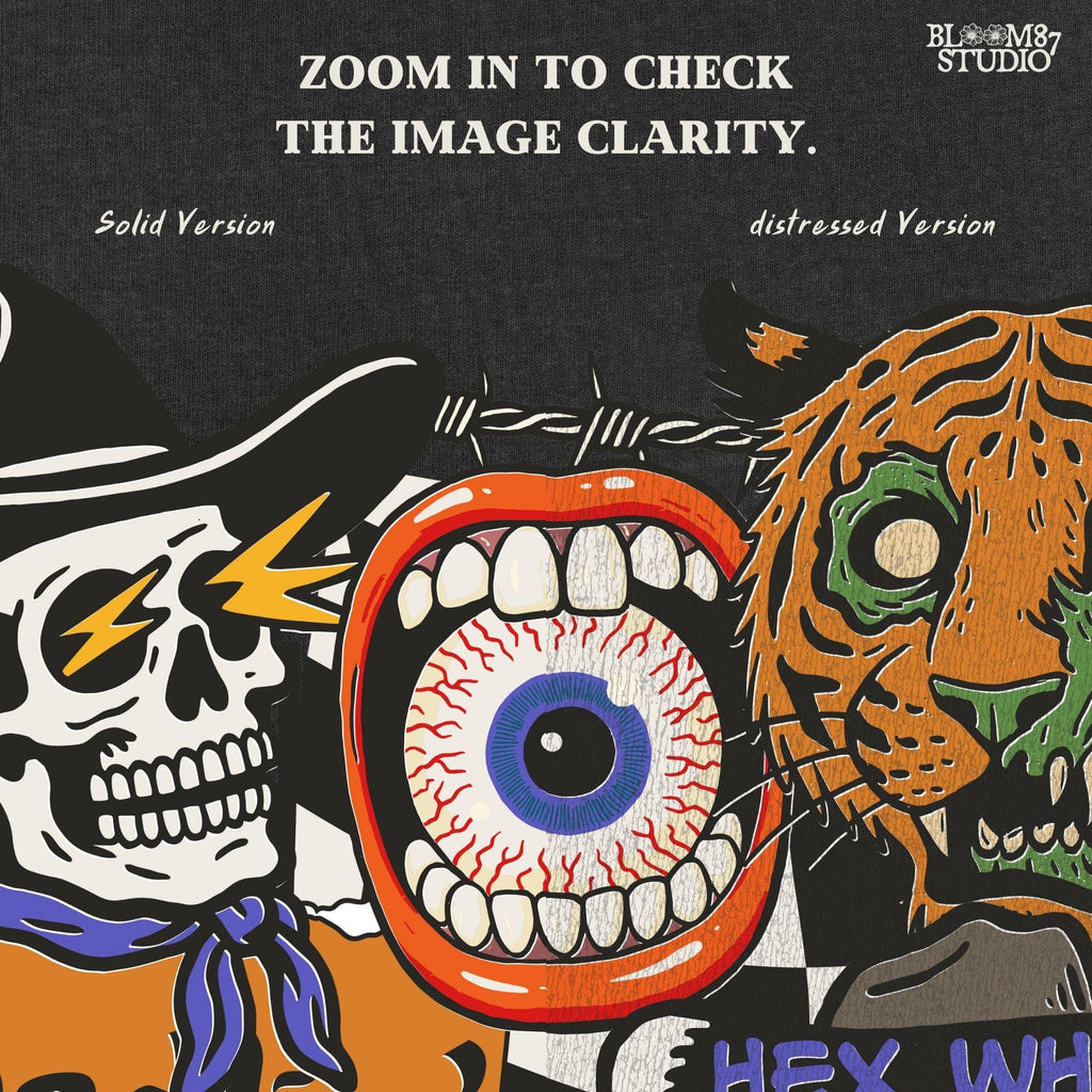 Edgy Halloween collage PNG featuring skeletons, zombie tiger, flaming skull, barbed wire, microphone, and retro horror elements in punk western style.