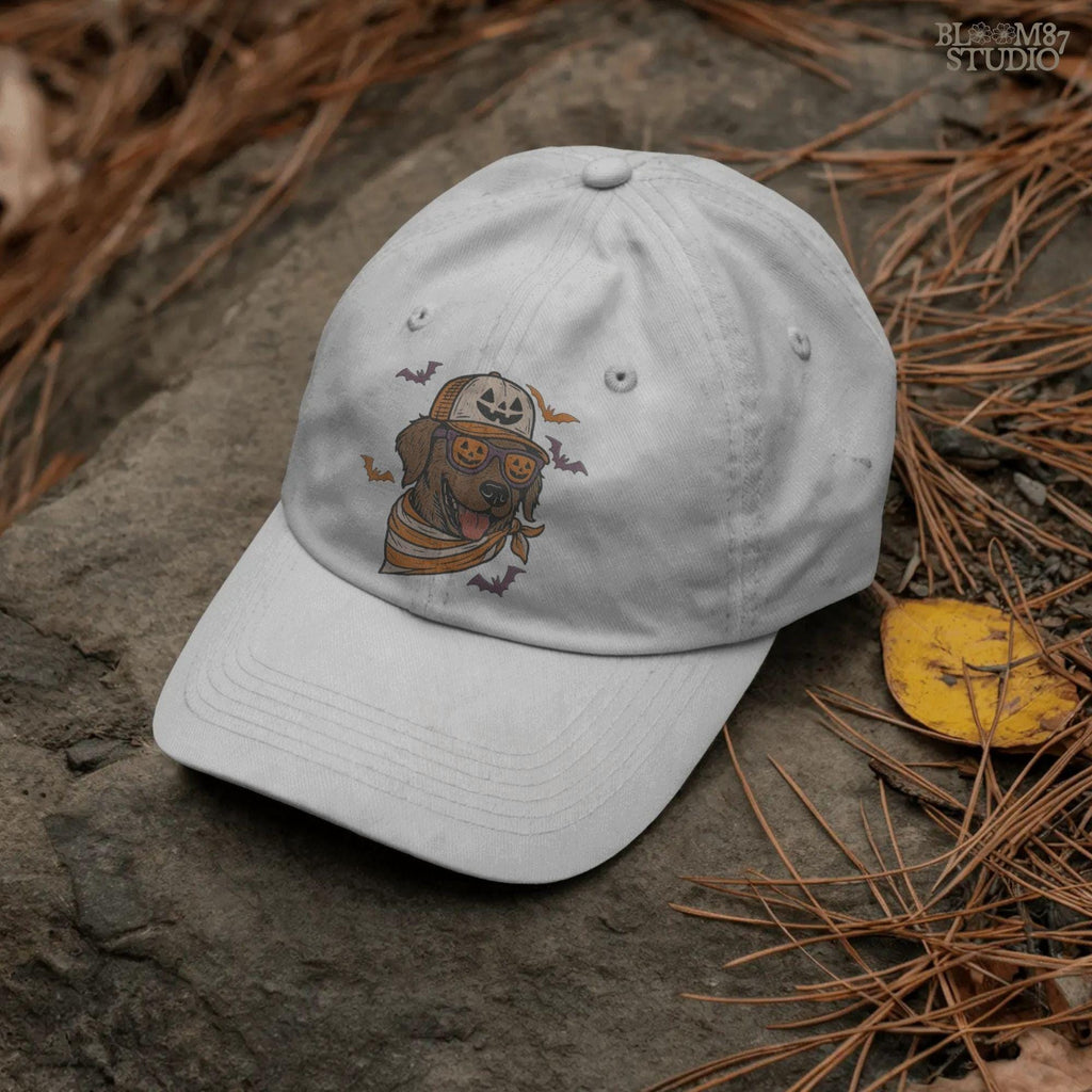 Chocolate labrador wearing pumpkin hat and jack-o’-lantern sunglasses with Halloween bats and orange bandana, Halloween sublimation PNG design