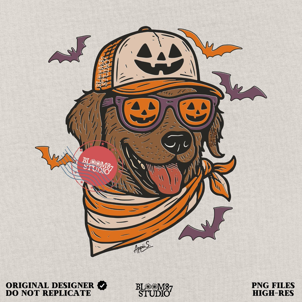 Chocolate labrador wearing pumpkin hat and jack-o’-lantern sunglasses with Halloween bats and orange bandana, Halloween sublimation PNG design
